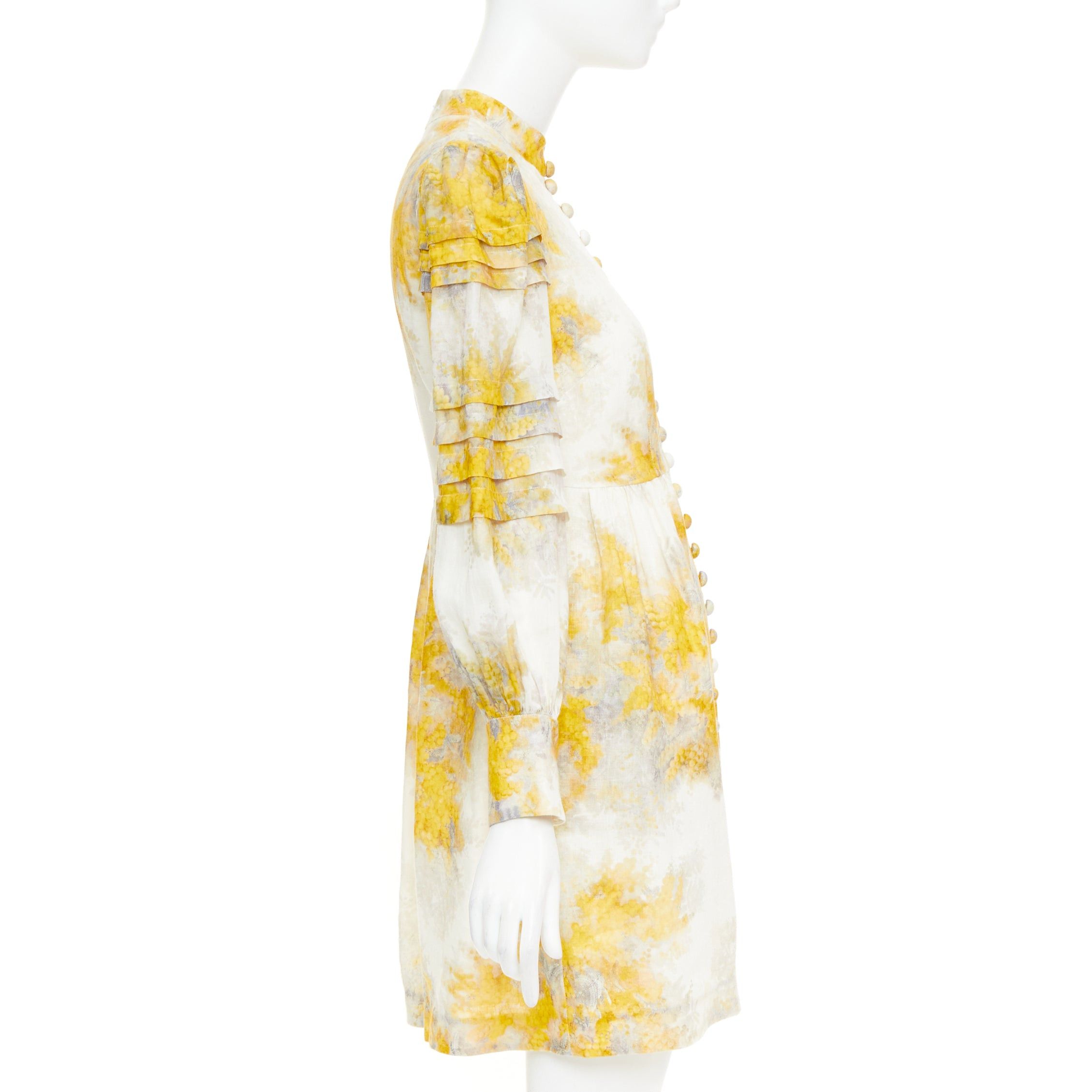 Zimmermann ZIMMERMANN 2021 Botanica yellow grey linen Wattle floral print puff sleeves dress Sz1 S Size S / US 4 / IT 40 - 4 Thumbnail