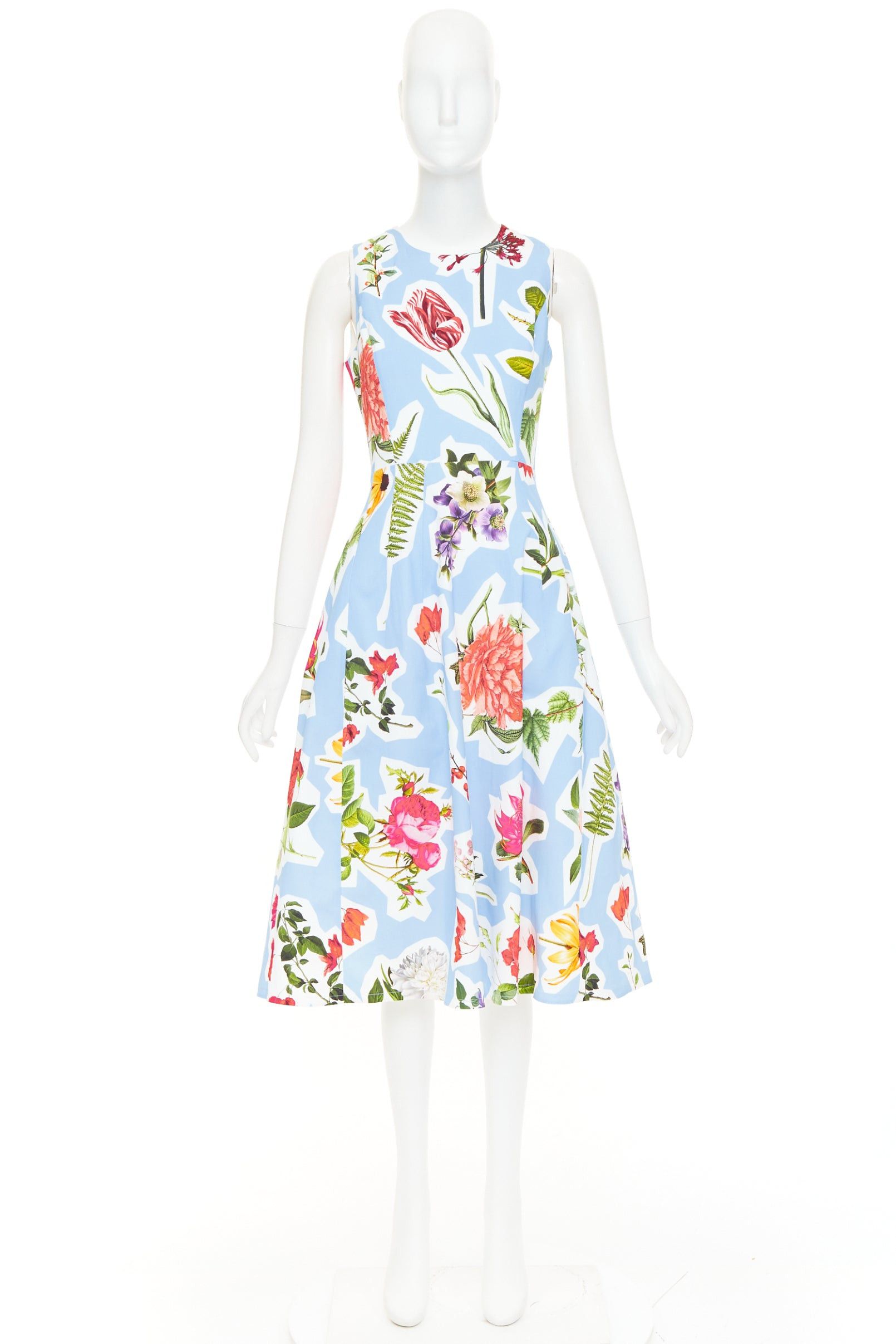 Carolina Herrera CAROLINA HERRERA light blue floral collage print sleeveless faille midi dress US4 S Size S / US 4 / IT 40 - 9 Thumbnail