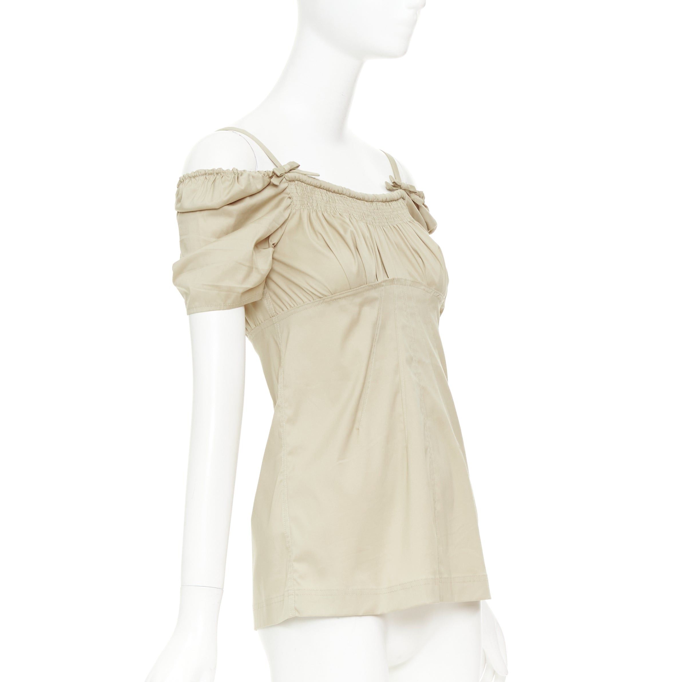 Prada PRADA Vintage khaki cotton ruched bust empire waist bow detail puff sleeve off shoulder top IT38 XS Size XS / US 0-2 / IT 36-38 - 3 Thumbnail