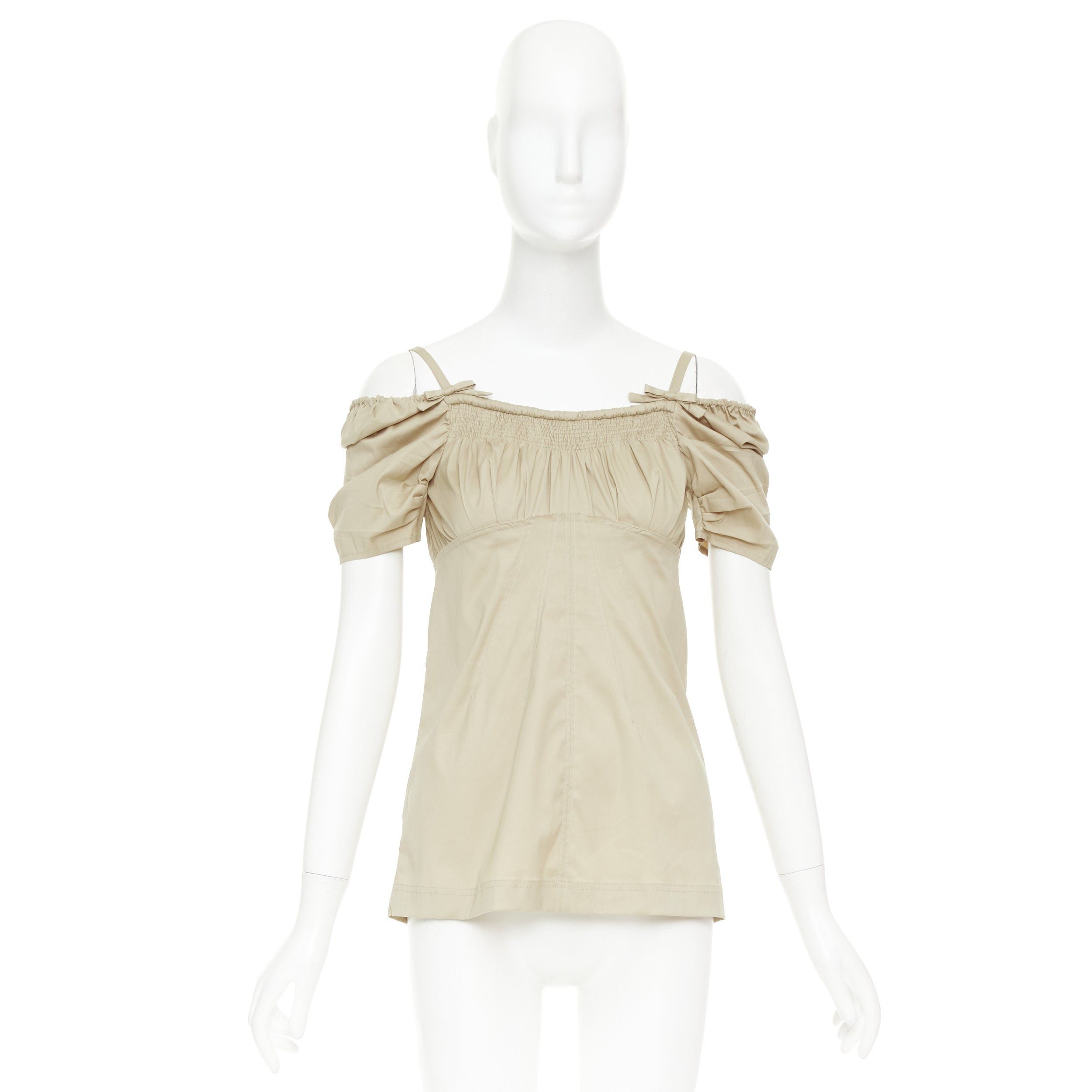 Prada PRADA Vintage khaki cotton ruched bust empire waist bow detail puff sleeve off shoulder top IT38 XS Size XS / US 0-2 / IT 36-38 - 9 Thumbnail
