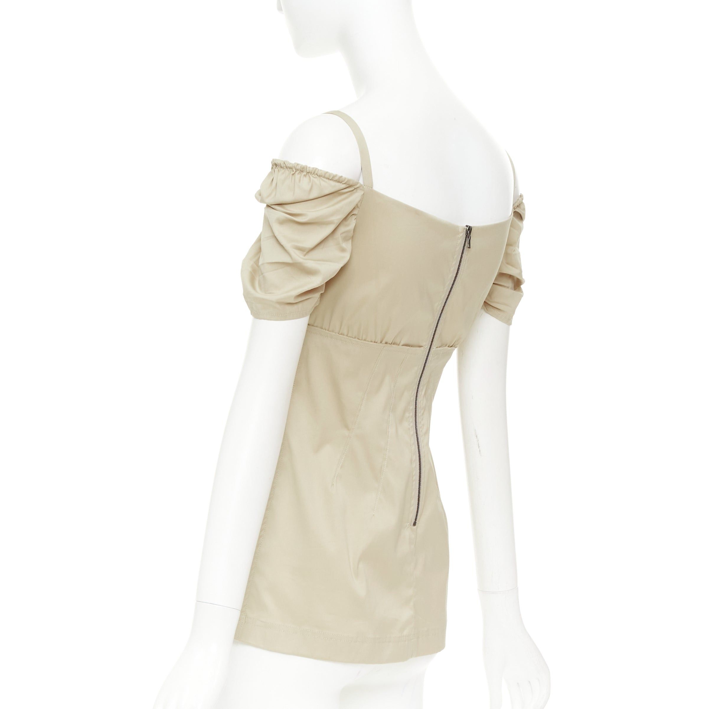 Prada PRADA Vintage khaki cotton ruched bust empire waist bow detail puff sleeve off shoulder top IT38 XS Size XS / US 0-2 / IT 36-38 - 6 Thumbnail