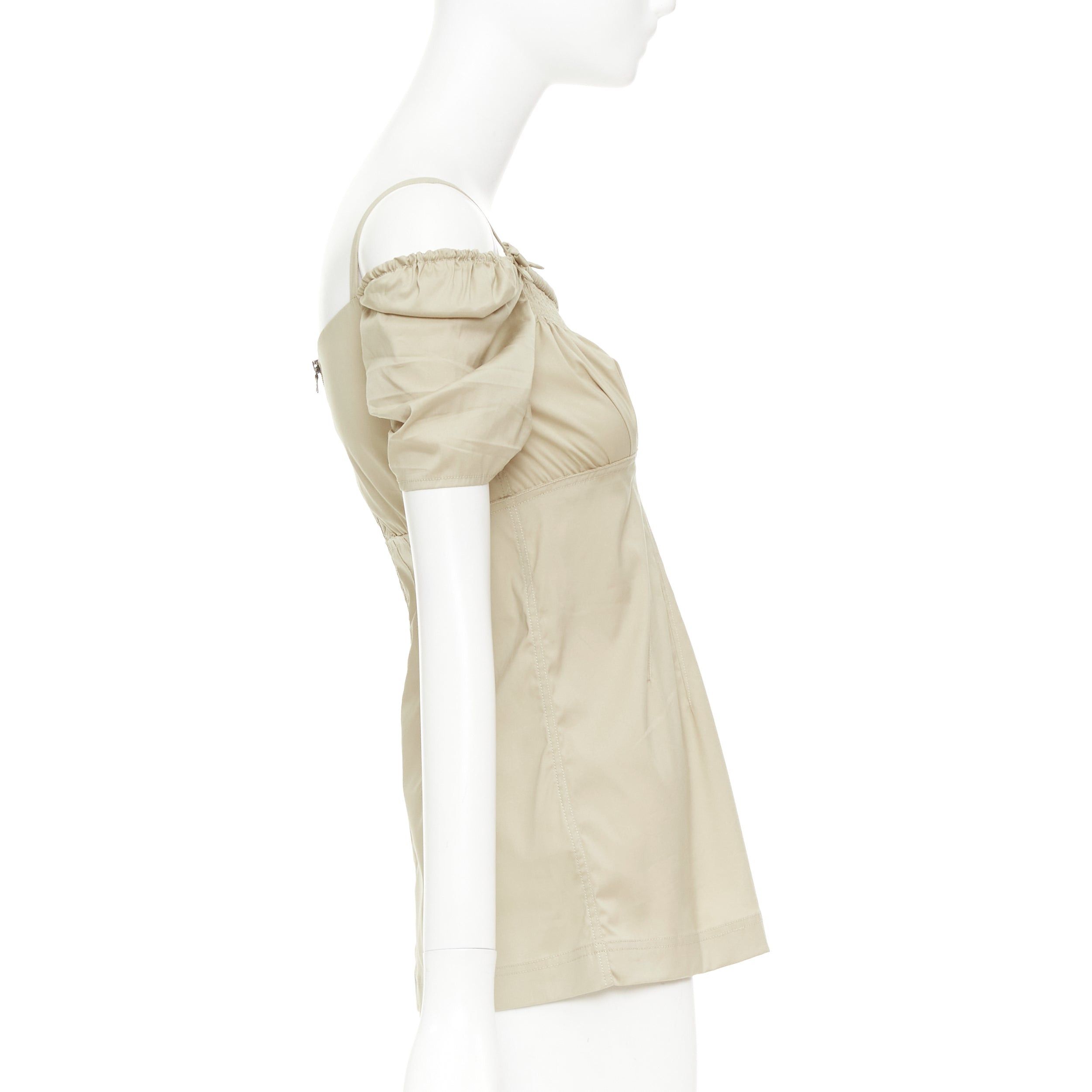 Prada PRADA Vintage khaki cotton ruched bust empire waist bow detail puff sleeve off shoulder top IT38 XS Size XS / US 0-2 / IT 36-38 - 4 Thumbnail