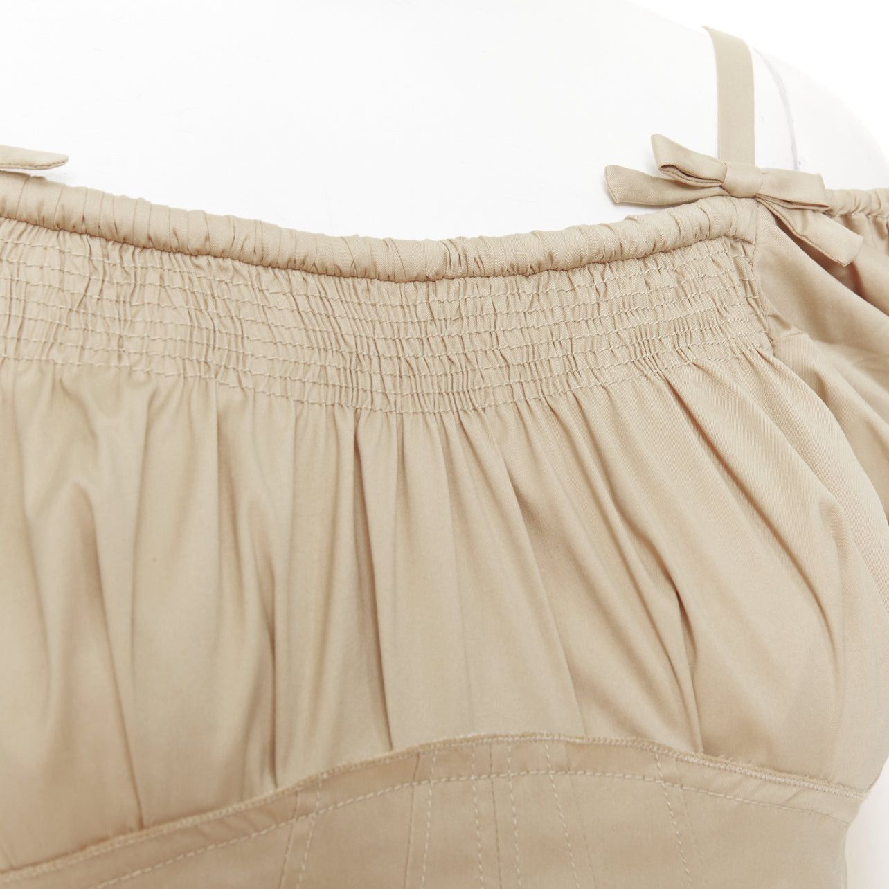 Prada PRADA Vintage khaki cotton ruched bust empire waist bow detail puff sleeve off shoulder top IT38 XS Size XS / US 0-2 / IT 36-38 - 2 Thumbnail