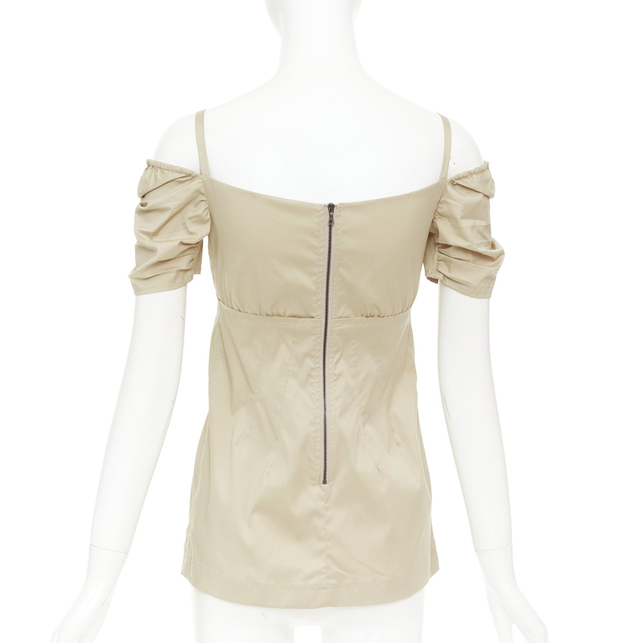 Prada PRADA Vintage khaki cotton ruched bust empire waist bow detail puff sleeve off shoulder top IT38 XS Size XS / US 0-2 / IT 36-38 - 5 Thumbnail