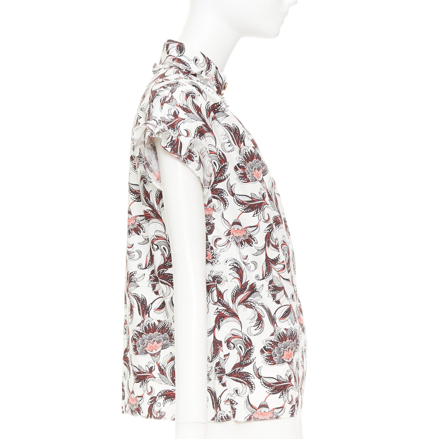 Louis Vuitton LOUIS VUITTON white red burgundy paisley floral print LV logo button ruffled shirt FR34 XS Size XS / US 0-2 / IT 36-38 - 4 Thumbnail