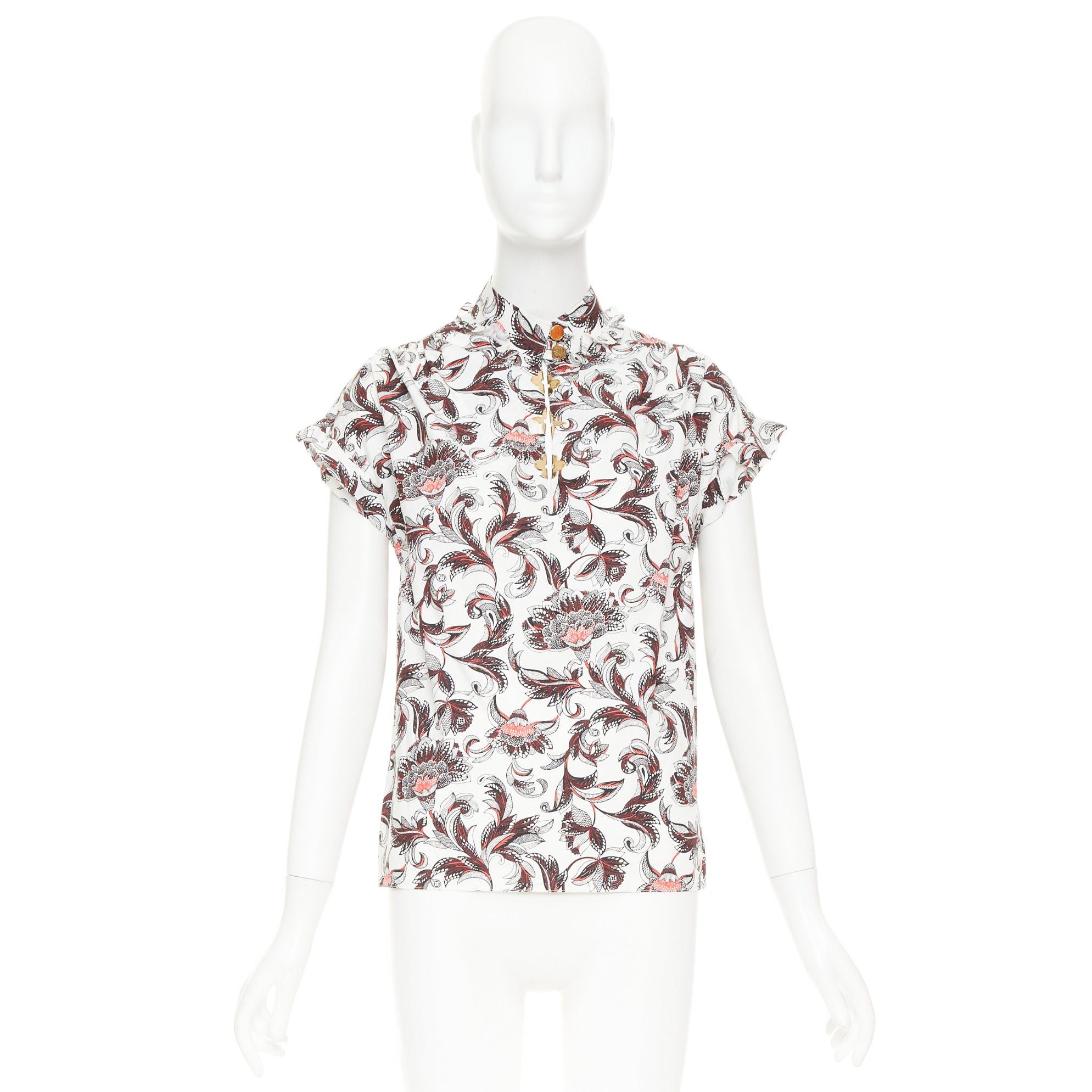 Louis Vuitton LOUIS VUITTON white red burgundy paisley floral print LV logo button ruffled shirt FR34 XS Size XS / US 0-2 / IT 36-38 - 9 Thumbnail