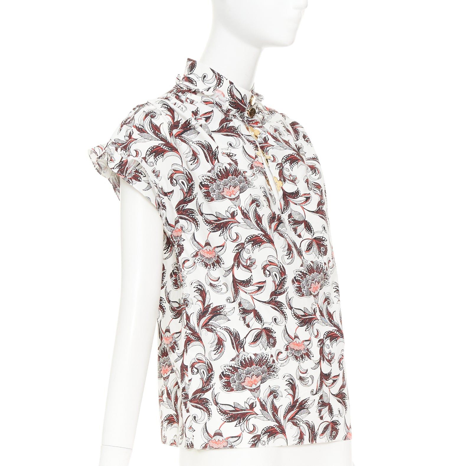 Louis Vuitton LOUIS VUITTON white red burgundy paisley floral print LV logo button ruffled shirt FR34 XS Size XS / US 0-2 / IT 36-38 - 3 Thumbnail