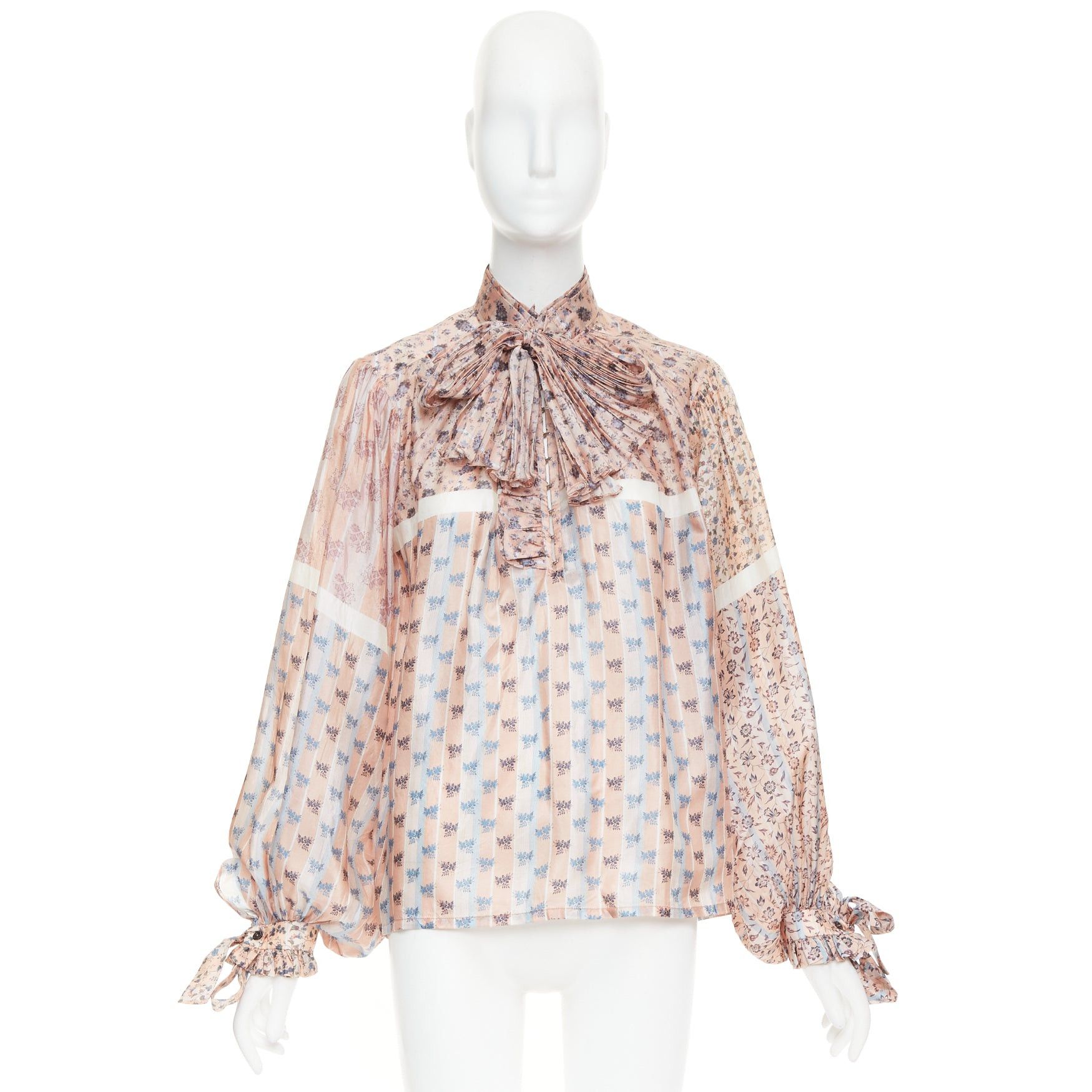 Louis Vuitton LOUIS VUITTON 2018 Runway 100% silk pink floral stripes pussybow tie-neck blouse FR36 S Size S / US 4 / IT 40 - 9 Thumbnail