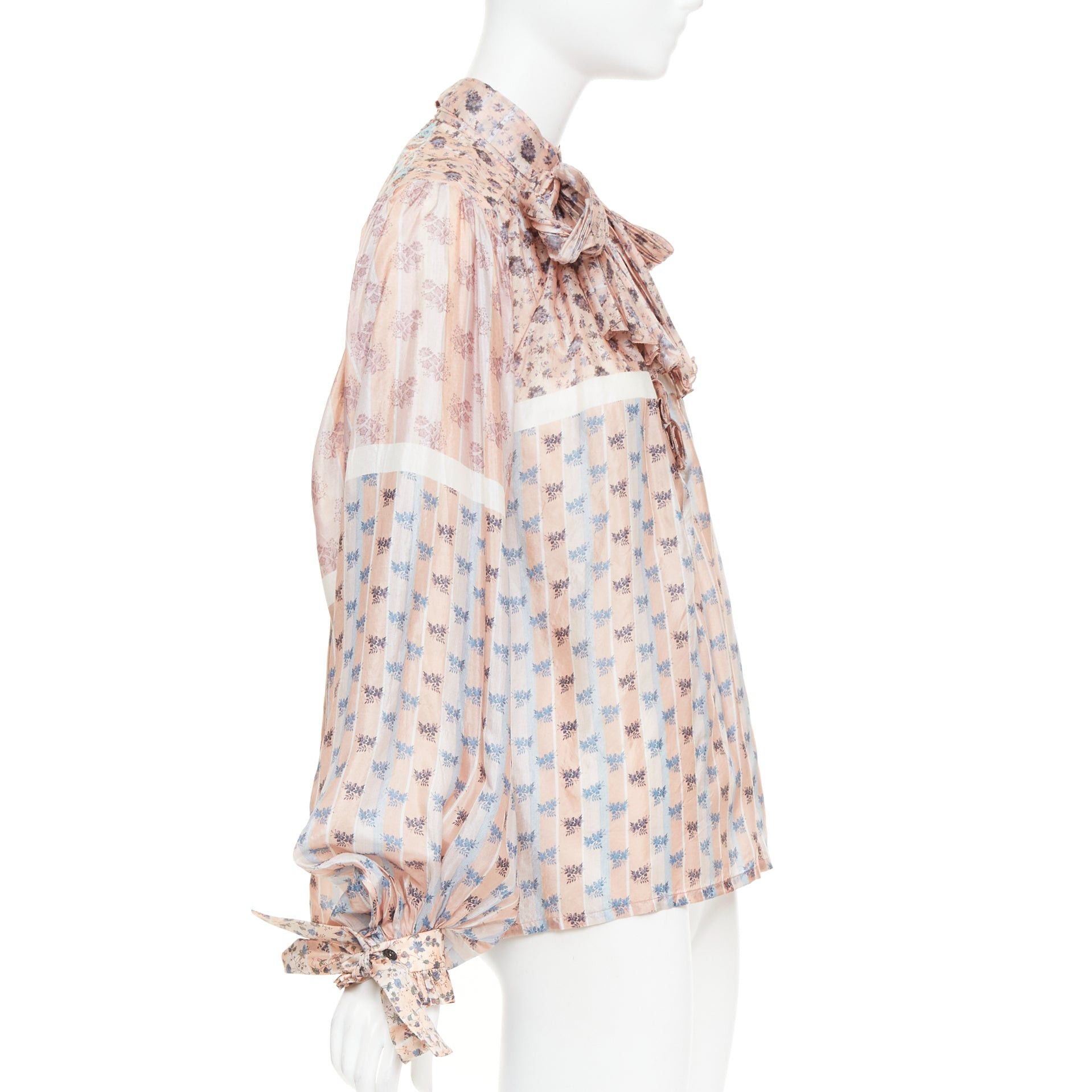 Louis Vuitton LOUIS VUITTON 2018 Runway 100% silk pink floral stripes pussybow tie-neck blouse FR36 S Size S / US 4 / IT 40 - 4 Thumbnail