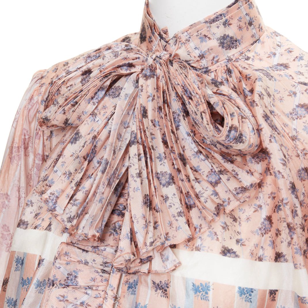Louis Vuitton LOUIS VUITTON 2018 Runway 100% silk pink floral stripes pussybow tie-neck blouse FR36 S Size S / US 4 / IT 40 - 2 Thumbnail