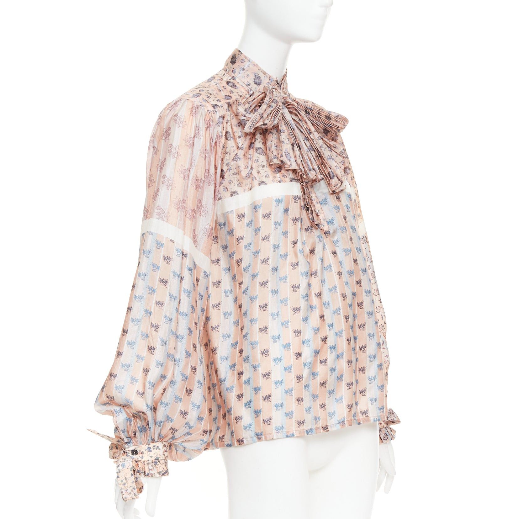 Louis Vuitton LOUIS VUITTON 2018 Runway 100% silk pink floral stripes pussybow tie-neck blouse FR36 S Size S / US 4 / IT 40 - 3 Thumbnail