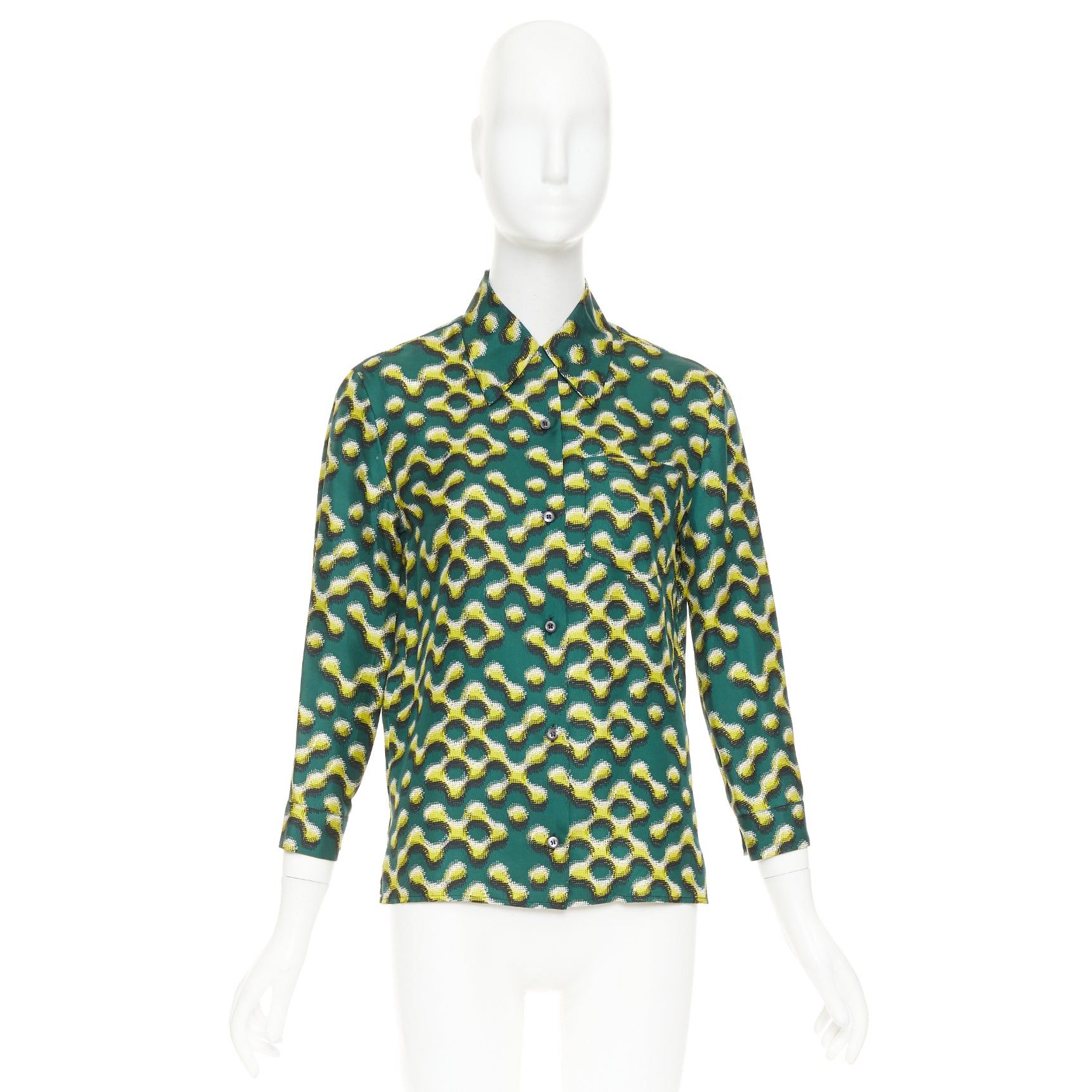 Prada PRADA 2015 100% silk green yellow molecular geometric print shirt IT38 XS Size XS / US 0-2 / IT 36-38 - 9 Thumbnail