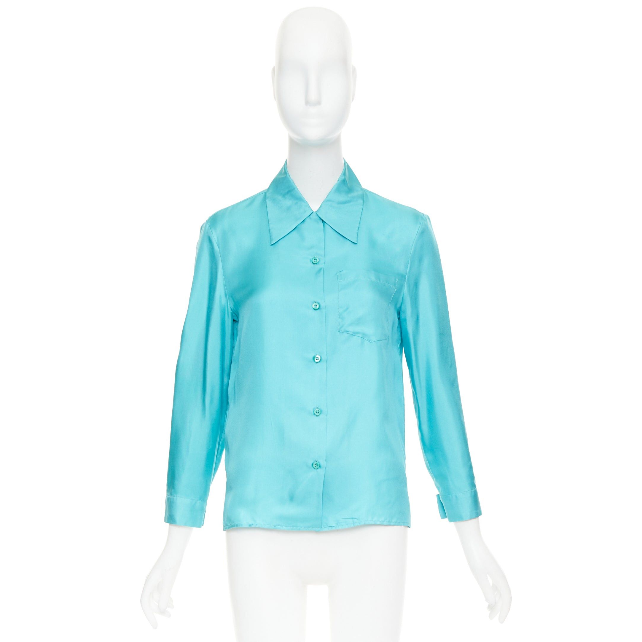 Prada PRADA 2015 100% silk turquoise blue wide collar pocketed button-up shirt IT38 XS Size XS / US 0-2 / IT 36-38 - 9 Thumbnail