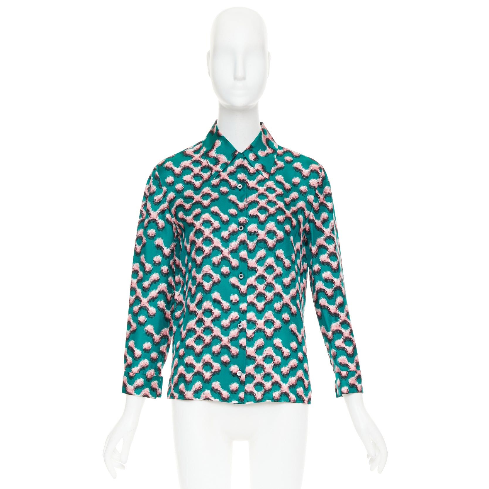 Prada PRADA 100% silk green pink geometric print long sleeve shirt IT38 XS Size XS / US 0-2 / IT 36-38 - 9 Thumbnail