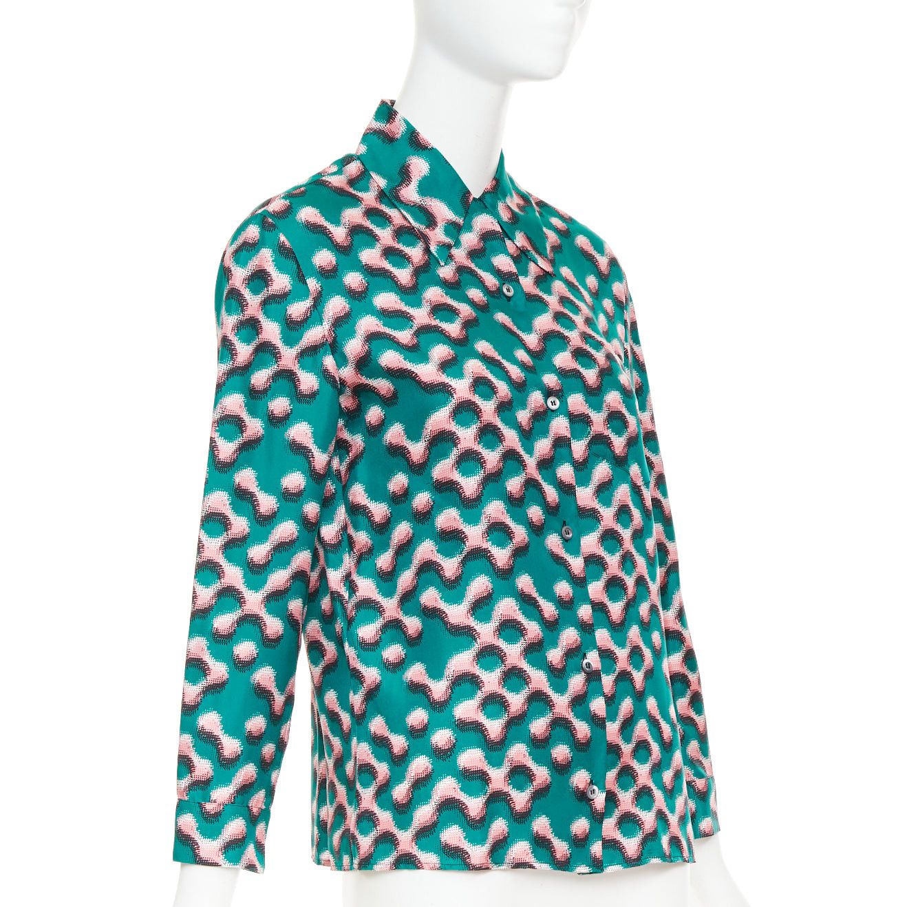 Prada PRADA 100% silk green pink geometric print long sleeve shirt IT38 XS Size XS / US 0-2 / IT 36-38 - 3 Thumbnail