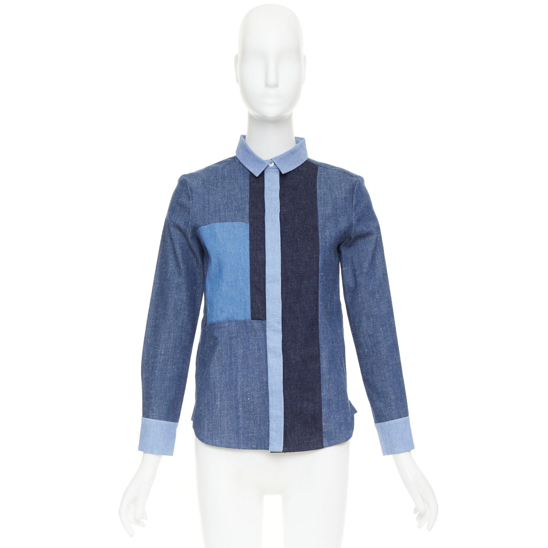 Celine OLD CELINE Phoebe Philo 2011 Runway blue patchwork denim button-up shirt FR36 S Size S / US 4 / IT 40 - 9 Thumbnail