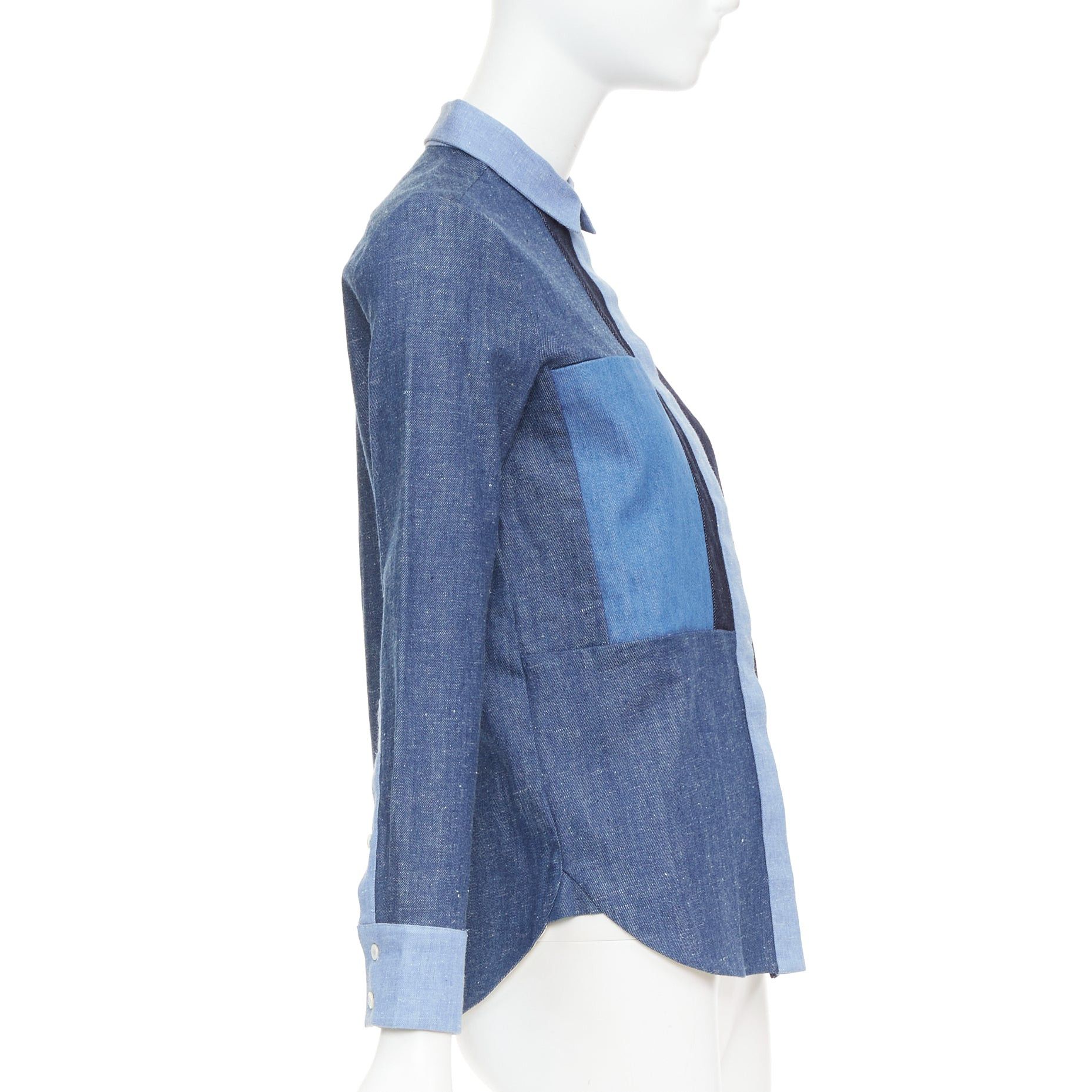 Celine OLD CELINE Phoebe Philo 2011 Runway blue patchwork denim button-up shirt FR36 S Size S / US 4 / IT 40 - 4 Thumbnail