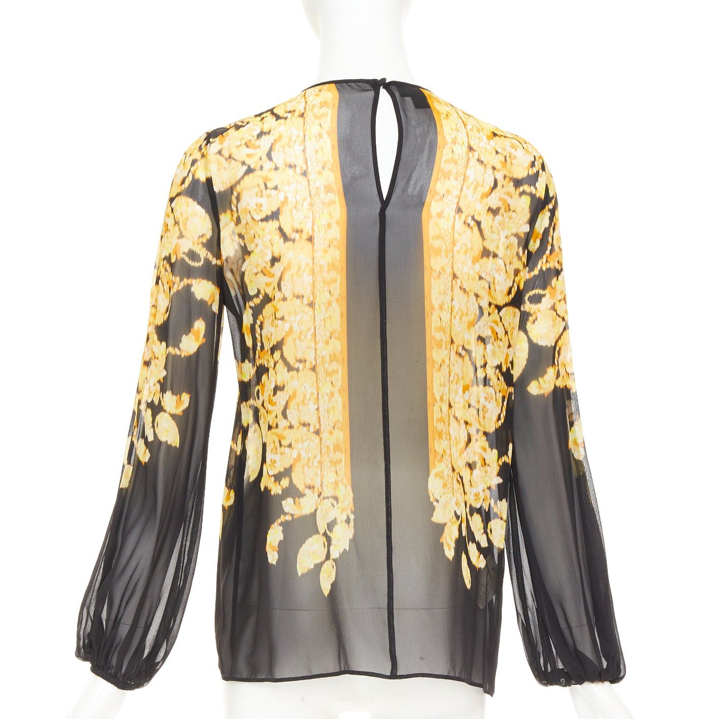 Giambattista Valli GIAMBATTISTA VALLI 100% silk gold black grosgrain trim print sheer chiffon blouse IT38 XXS Size XS / US 0-2 / IT 36-38 - 5 Thumbnail