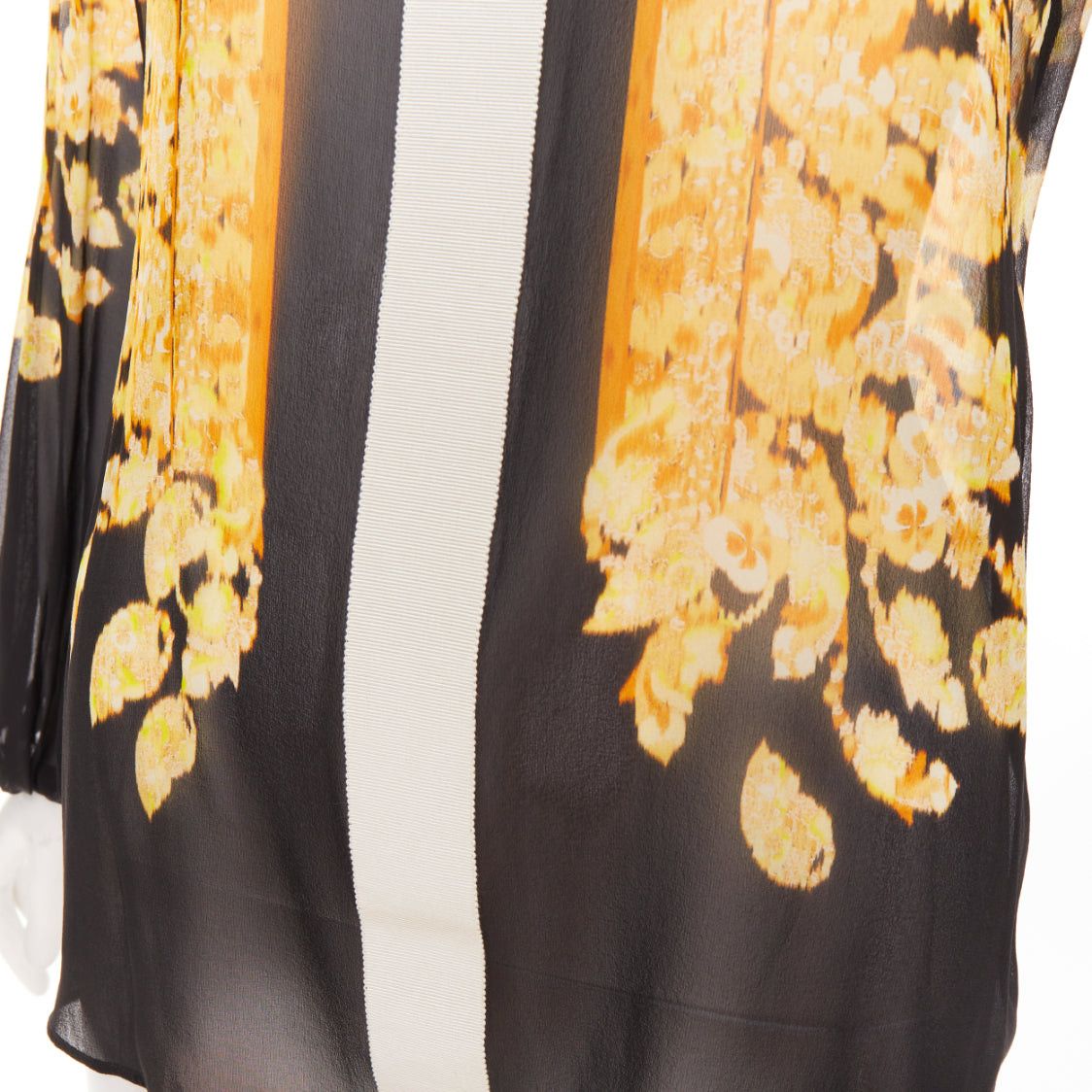 Giambattista Valli GIAMBATTISTA VALLI 100% silk gold black grosgrain trim print sheer chiffon blouse IT38 XXS Size XS / US 0-2 / IT 36-38 - 7 Thumbnail