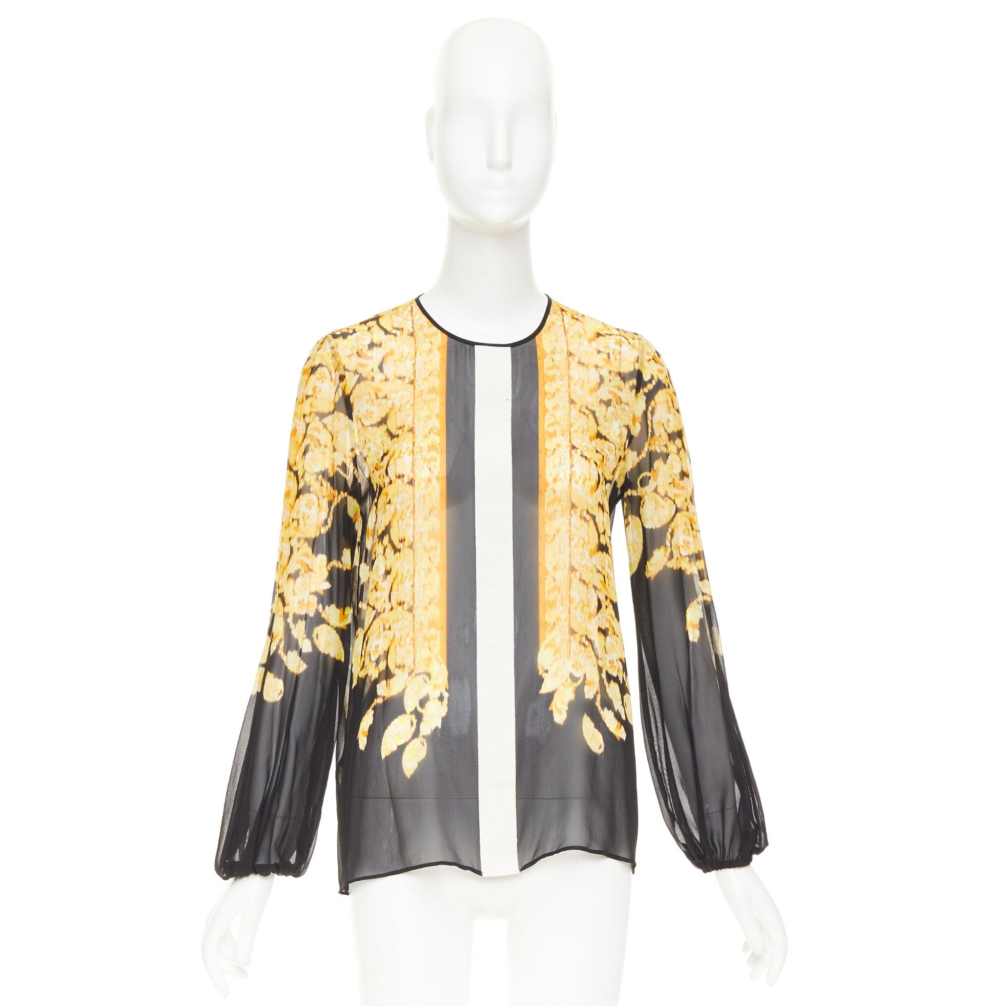 Giambattista Valli GIAMBATTISTA VALLI 100% silk gold black grosgrain trim print sheer chiffon blouse IT38 XXS Size XS / US 0-2 / IT 36-38 - 9 Thumbnail