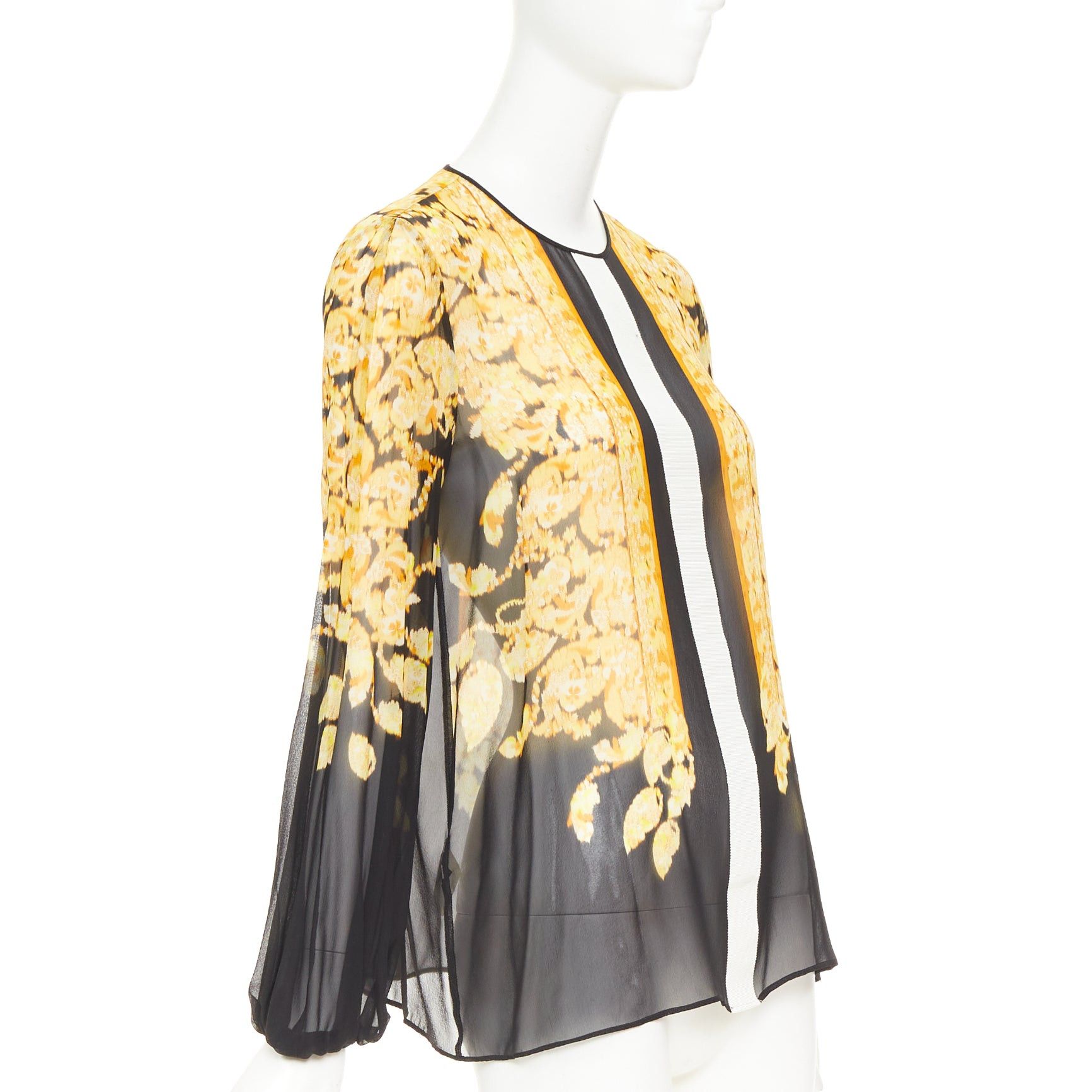 Giambattista Valli GIAMBATTISTA VALLI 100% silk gold black grosgrain trim print sheer chiffon blouse IT38 XXS Size XS / US 0-2 / IT 36-38 - 3 Thumbnail