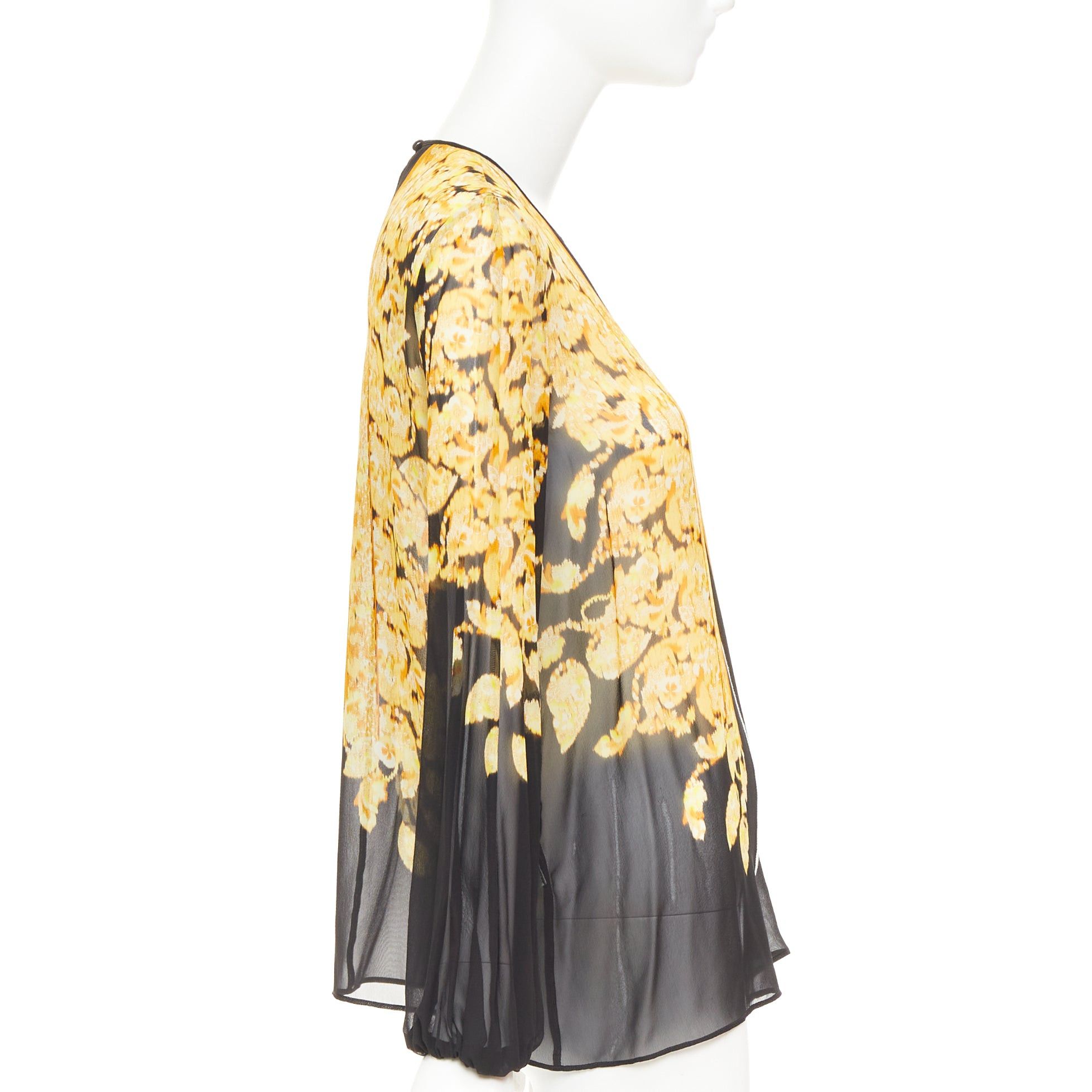 Giambattista Valli GIAMBATTISTA VALLI 100% silk gold black grosgrain trim print sheer chiffon blouse IT38 XXS Size XS / US 0-2 / IT 36-38 - 4 Thumbnail