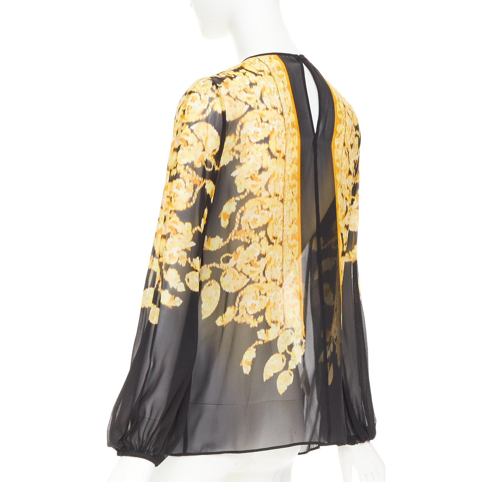 Giambattista Valli GIAMBATTISTA VALLI 100% silk gold black grosgrain trim print sheer chiffon blouse IT38 XXS Size XS / US 0-2 / IT 36-38 - 6 Thumbnail