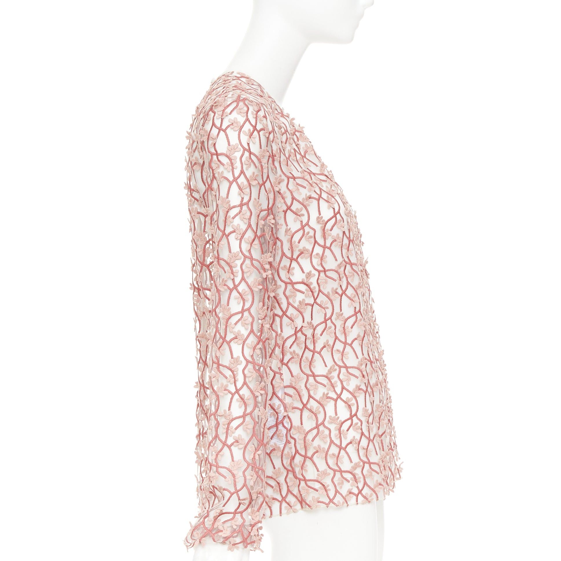 Giambattista Valli GIAMBATTISTA VALLI pink white petal embroidered treillage sheer top IT40 S Size S / US 4 / IT 40 - 4 Thumbnail
