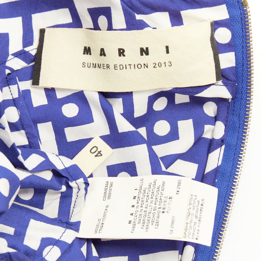 Marni MARNI 2013 blue white cotton geometric print belted peplum V-neck top IT40 S Size S / US 4 / IT 40 - 8 Thumbnail