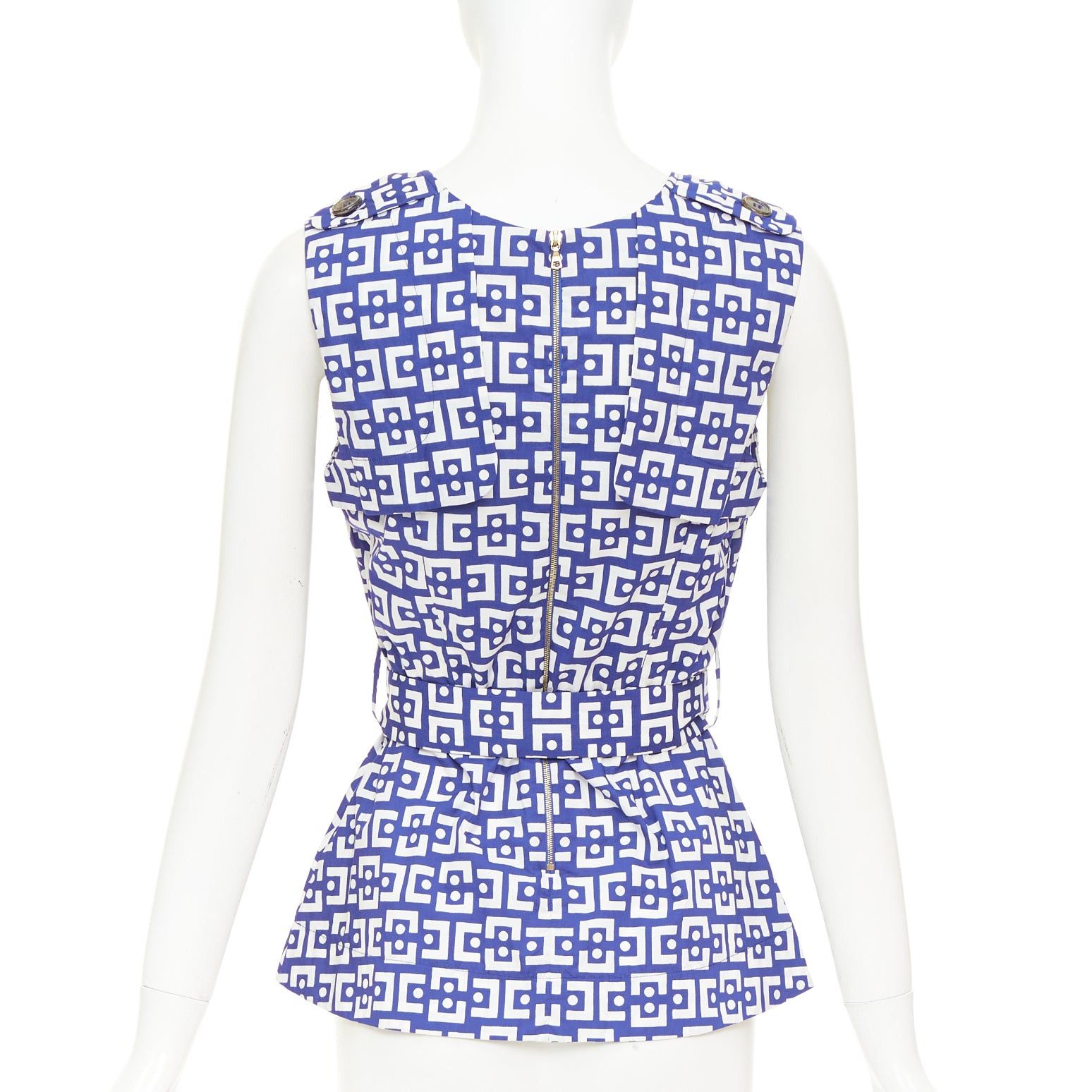 Marni MARNI 2013 blue white cotton geometric print belted peplum V-neck top IT40 S Size S / US 4 / IT 40 - 5 Thumbnail