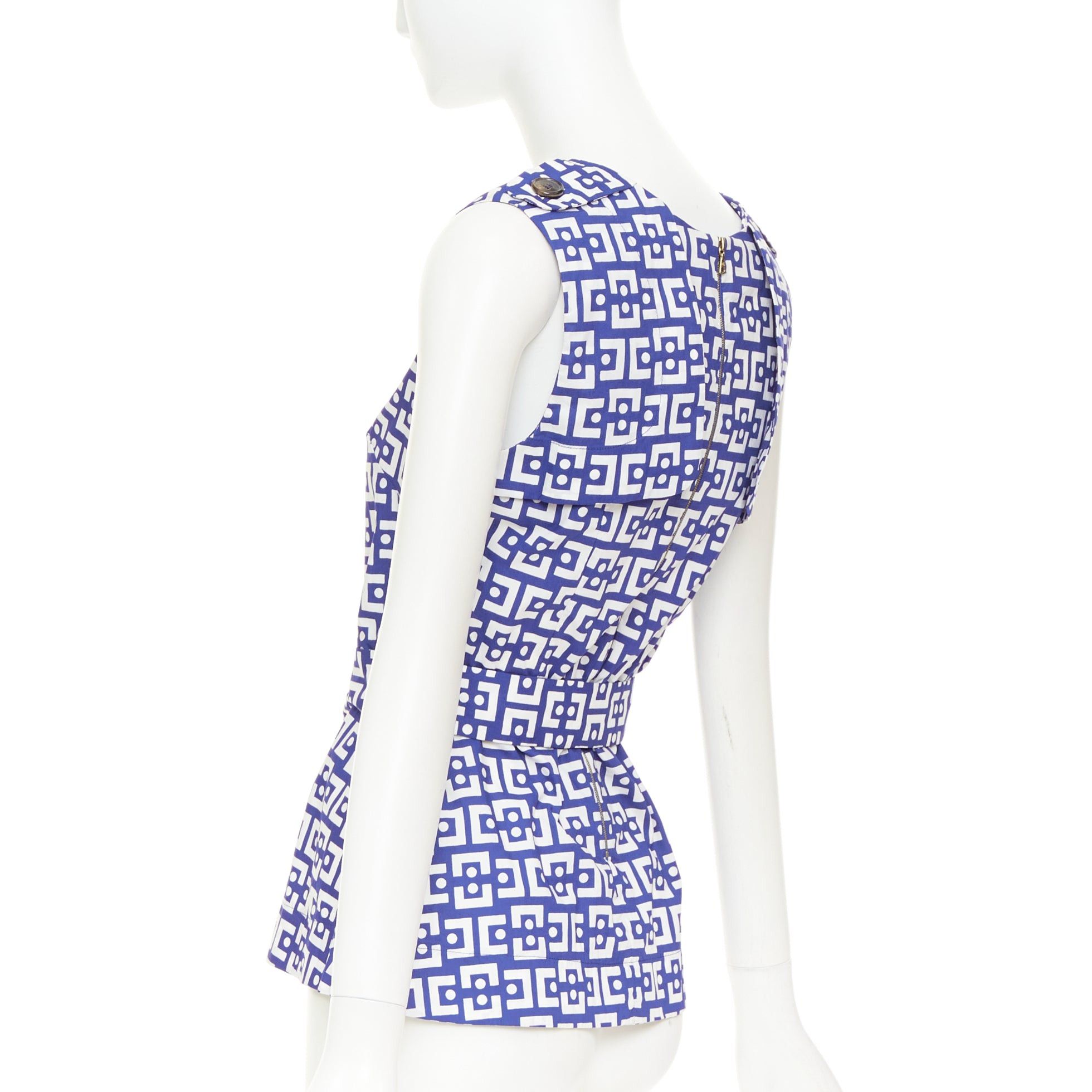 Marni MARNI 2013 blue white cotton geometric print belted peplum V-neck top IT40 S Size S / US 4 / IT 40 - 6 Thumbnail