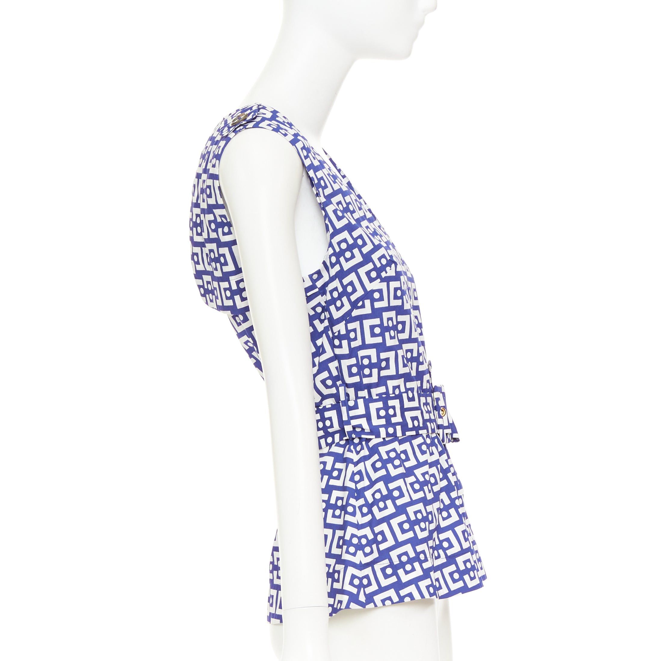 Marni MARNI 2013 blue white cotton geometric print belted peplum V-neck top IT40 S Size S / US 4 / IT 40 - 4 Thumbnail