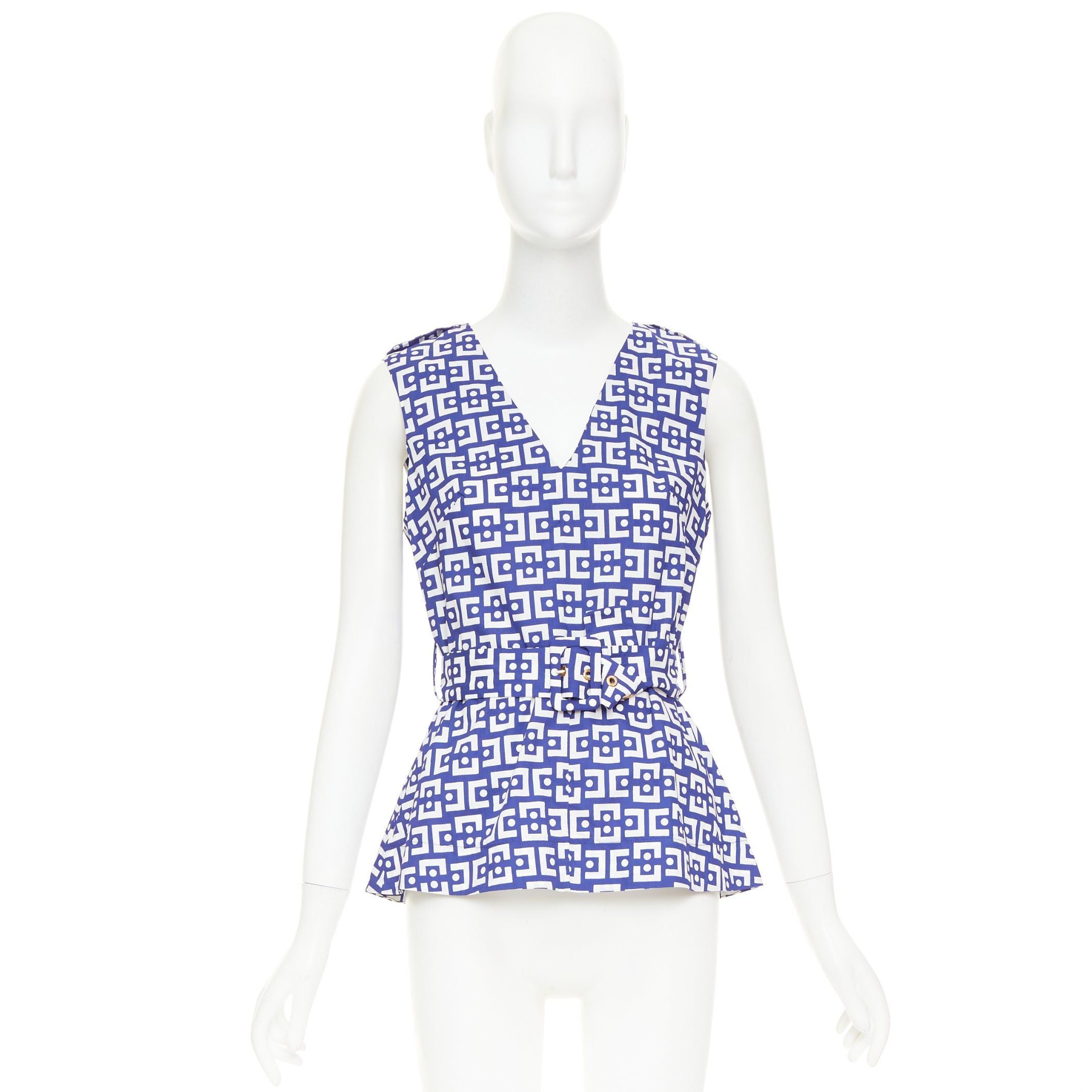 Marni MARNI 2013 blue white cotton geometric print belted peplum V-neck top IT40 S Size S / US 4 / IT 40 - 9 Thumbnail