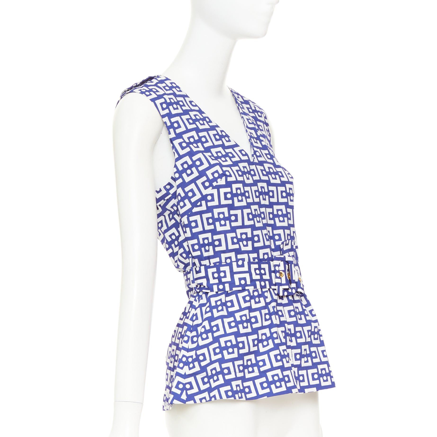 Marni MARNI 2013 blue white cotton geometric print belted peplum V-neck top IT40 S Size S / US 4 / IT 40 - 3 Thumbnail
