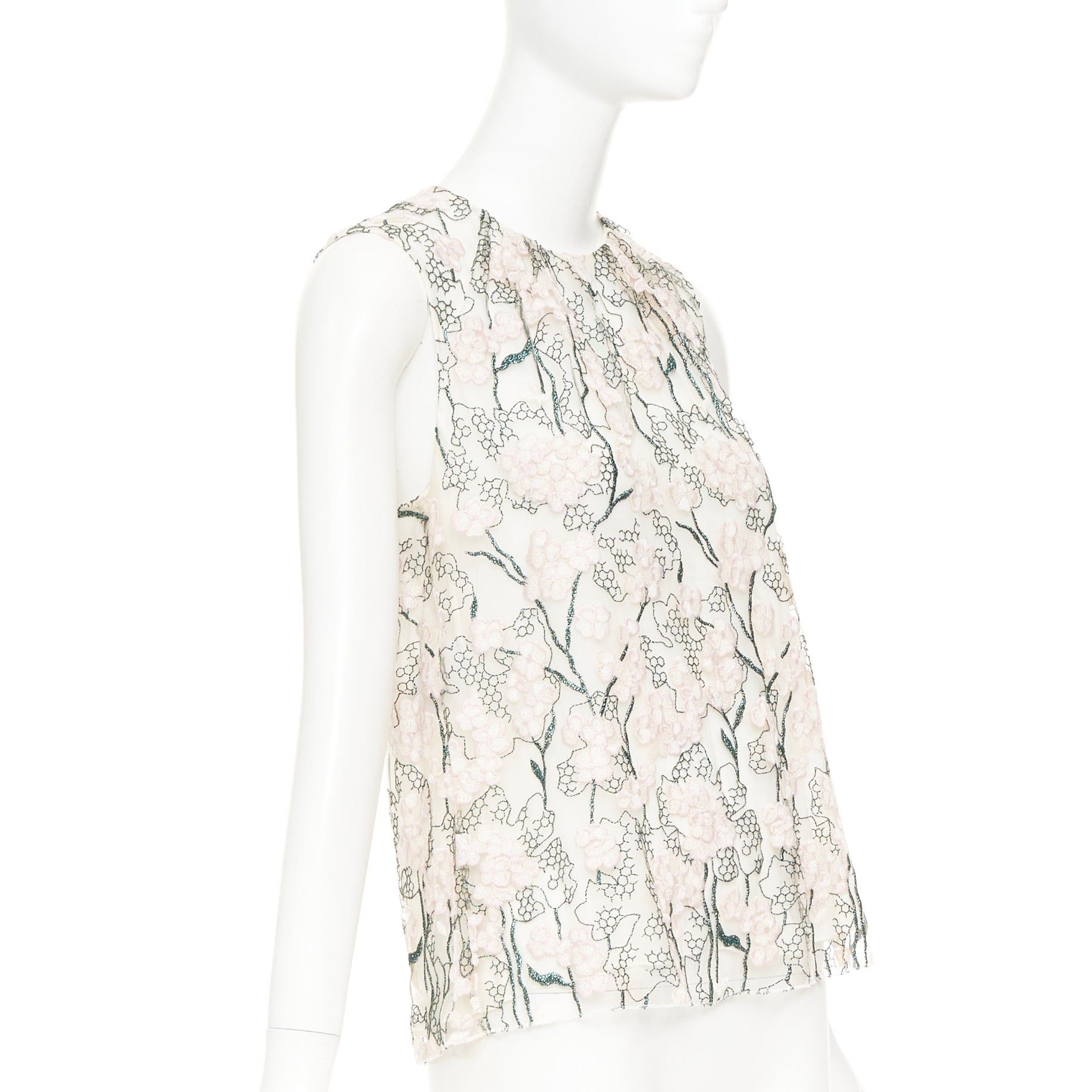 Giambattista Valli GIAMBATTISTA VALLI pink metallic green floral embroidered treillage top IT40 XS Size S / US 4 / IT 40 - 3 Thumbnail