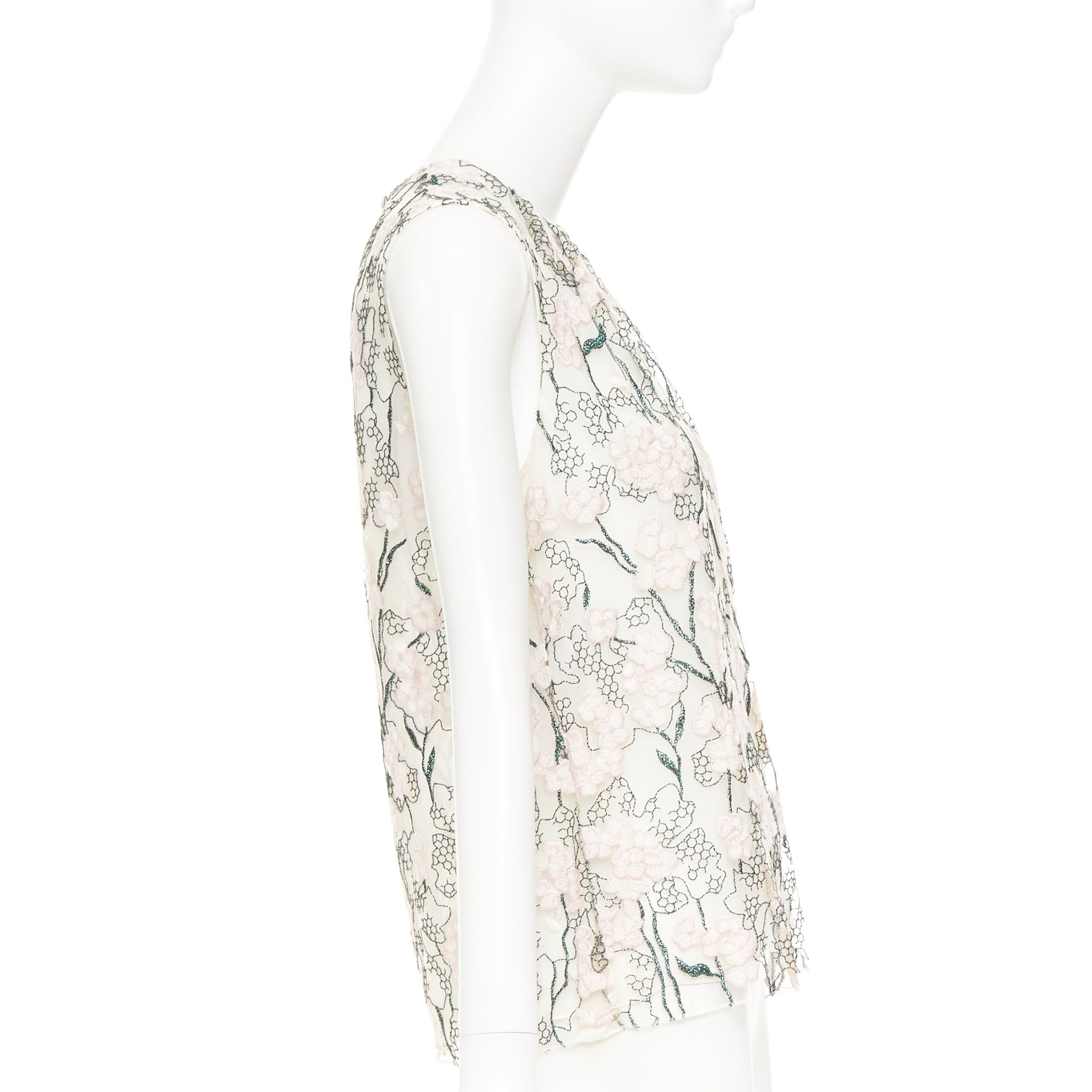 Giambattista Valli GIAMBATTISTA VALLI pink metallic green floral embroidered treillage top IT40 XS Size S / US 4 / IT 40 - 4 Thumbnail