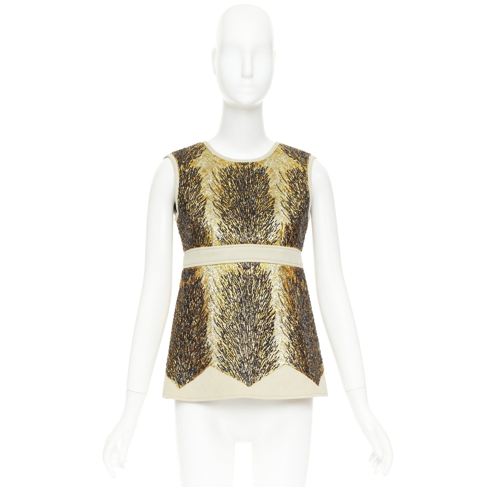Louis Vuitton LOUIS VUITTON 2014 gold black sequin embellished neoprene silk lined top FR36 S Taylor Swift Size S / US 4 / IT 40 - 10 Thumbnail