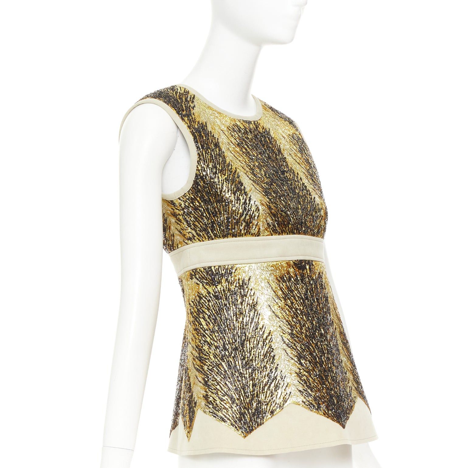 Louis Vuitton LOUIS VUITTON 2014 gold black sequin embellished neoprene silk lined top FR36 S Taylor Swift Size S / US 4 / IT 40 - 3 Thumbnail
