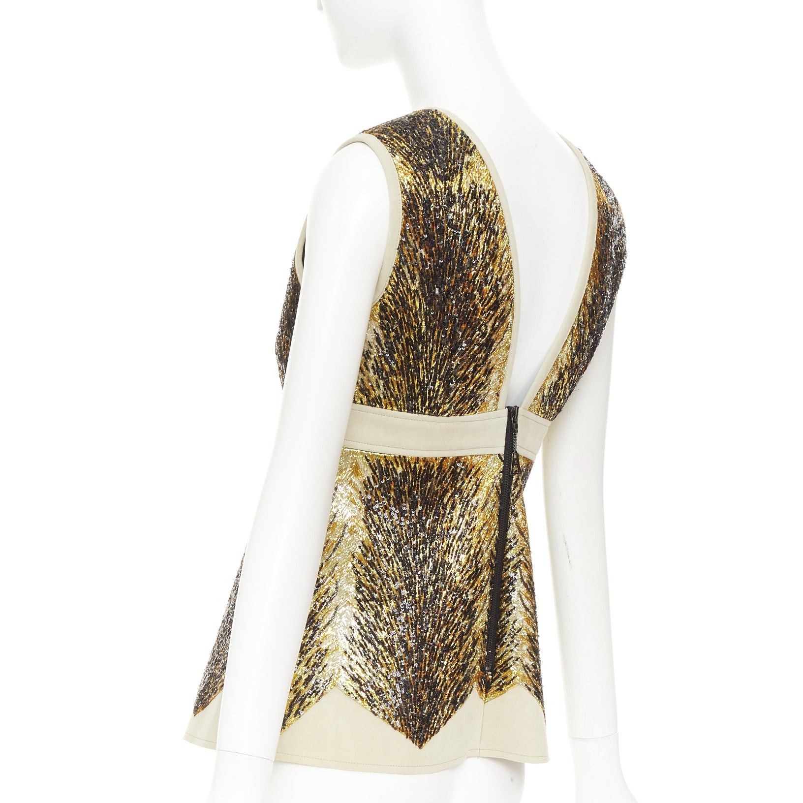 Louis Vuitton LOUIS VUITTON 2014 gold black sequin embellished neoprene silk lined top FR36 S Taylor Swift Size S / US 4 / IT 40 - 6 Thumbnail