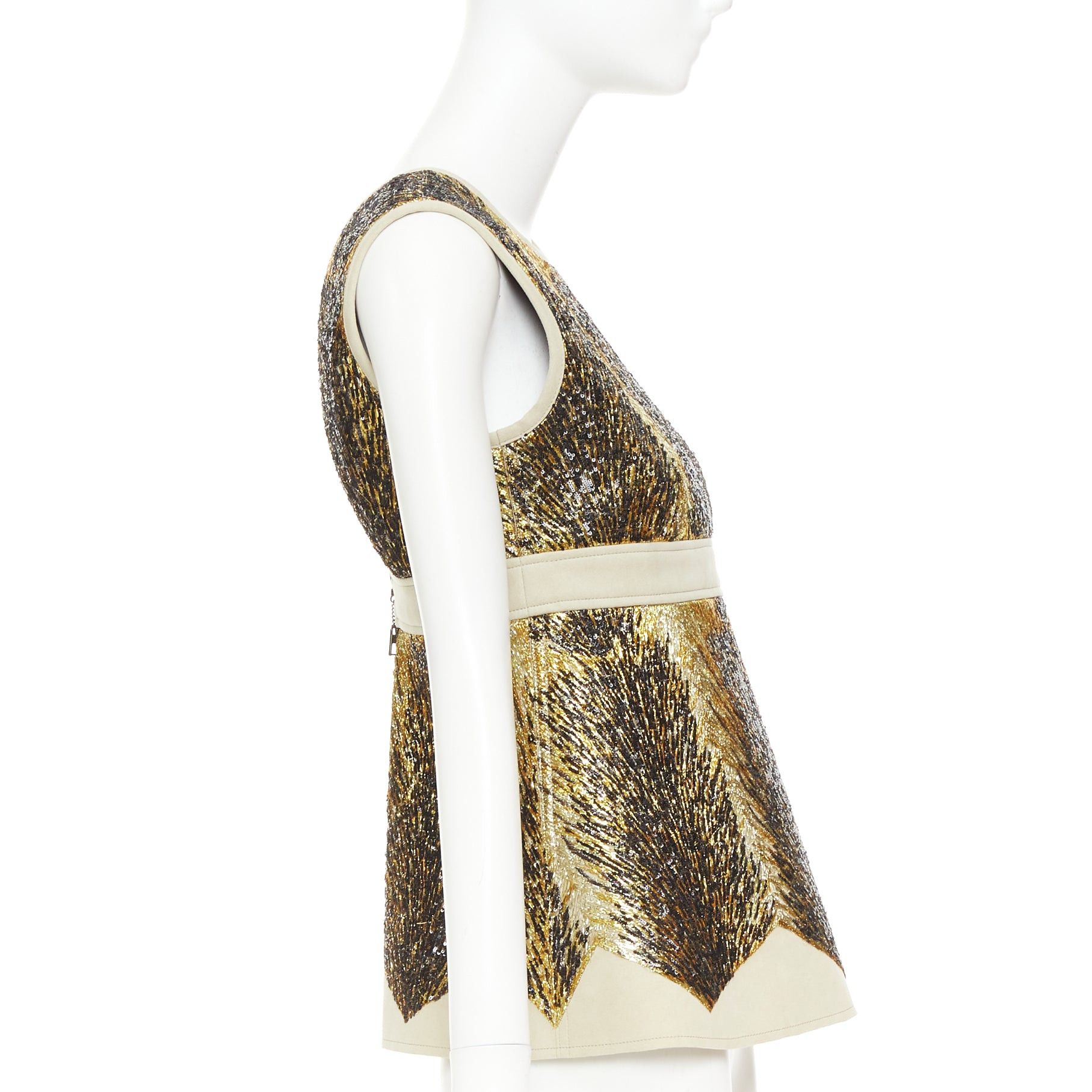 Louis Vuitton LOUIS VUITTON 2014 gold black sequin embellished neoprene silk lined top FR36 S Taylor Swift Size S / US 4 / IT 40 - 4 Thumbnail