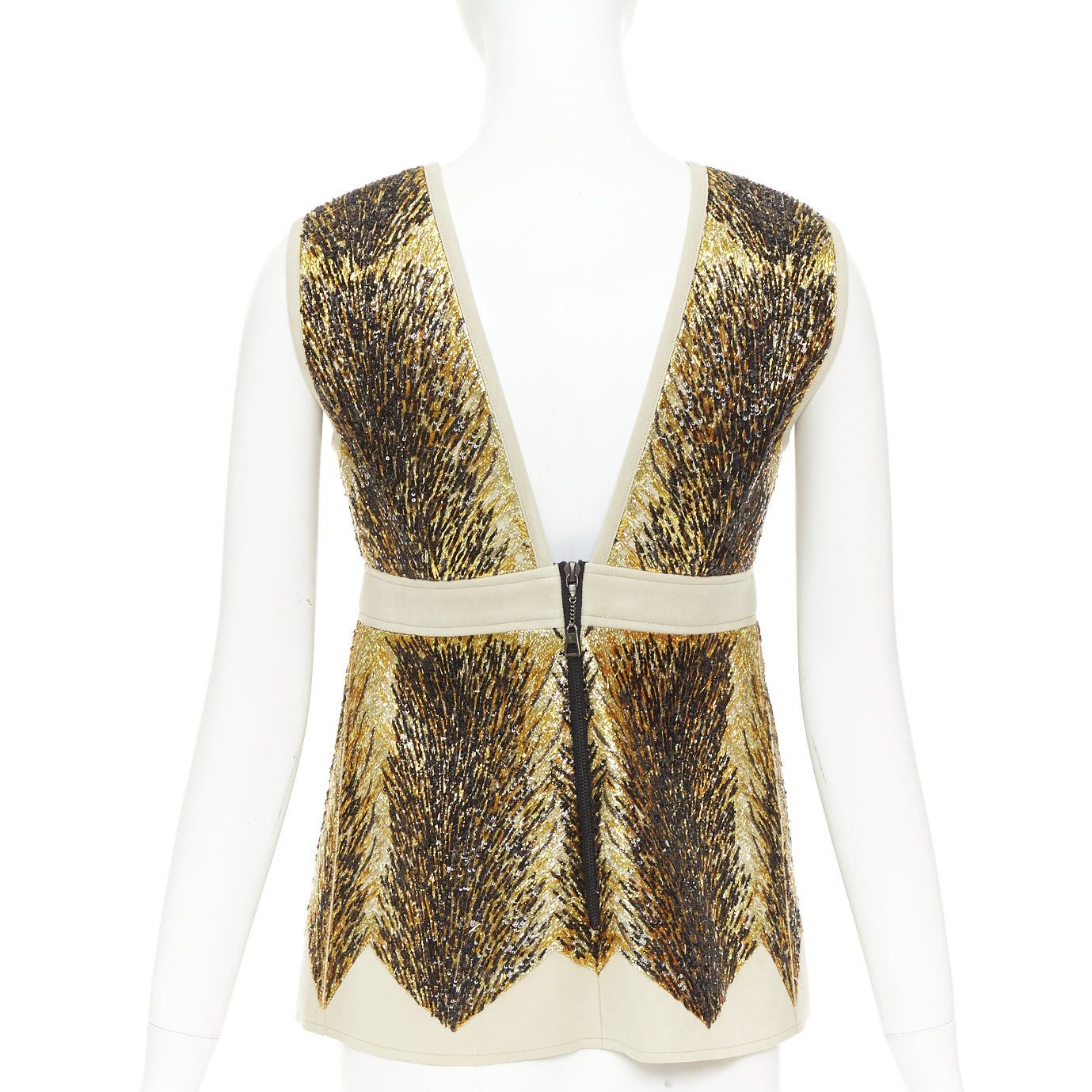 Louis Vuitton LOUIS VUITTON 2014 gold black sequin embellished neoprene silk lined top FR36 S Taylor Swift Size S / US 4 / IT 40 - 5 Thumbnail
