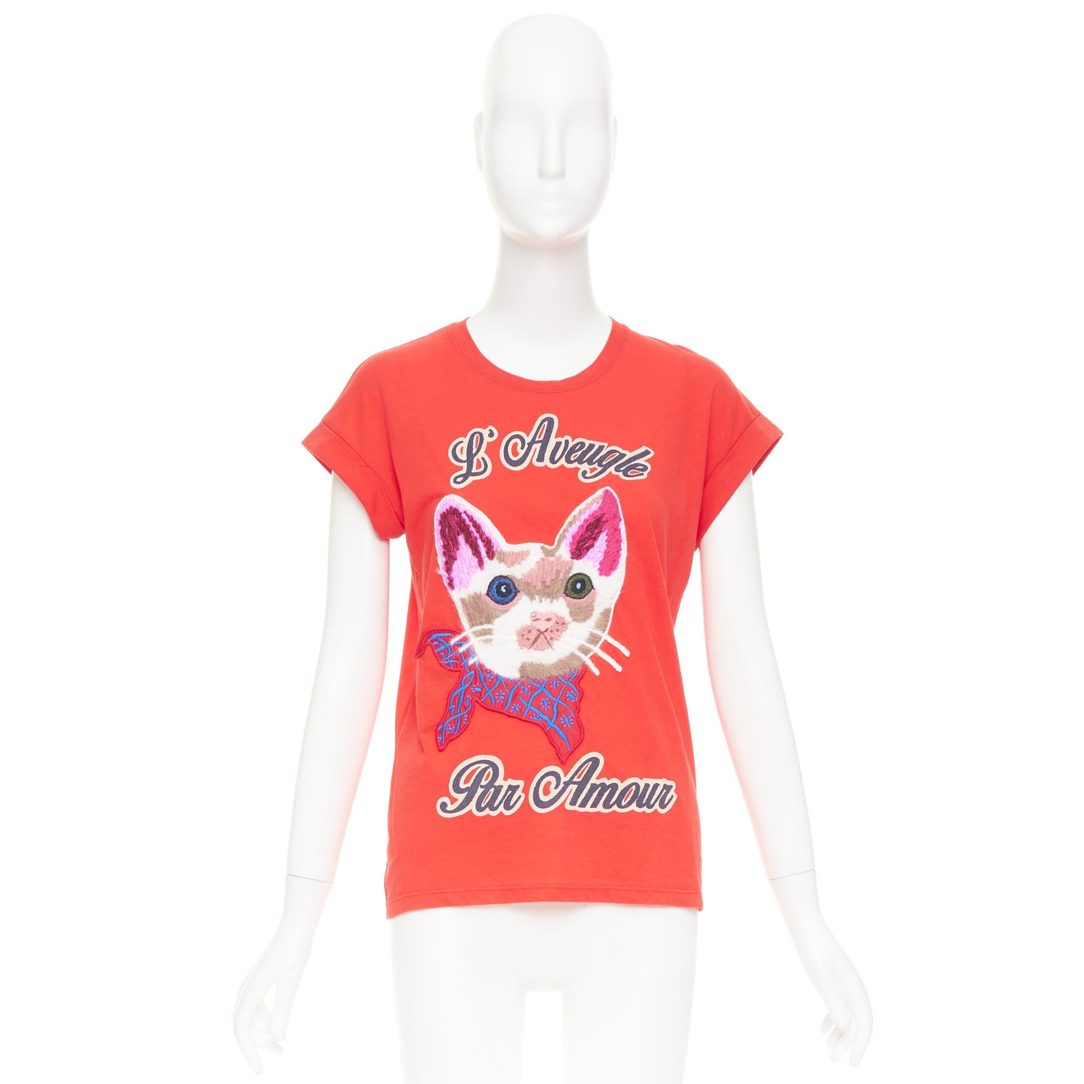 Gucci GUCCI L'Aveugle Par Amour red cat embroidered short sleeve t-shirt S Size S / US 4 / IT 40 - 9 Thumbnail