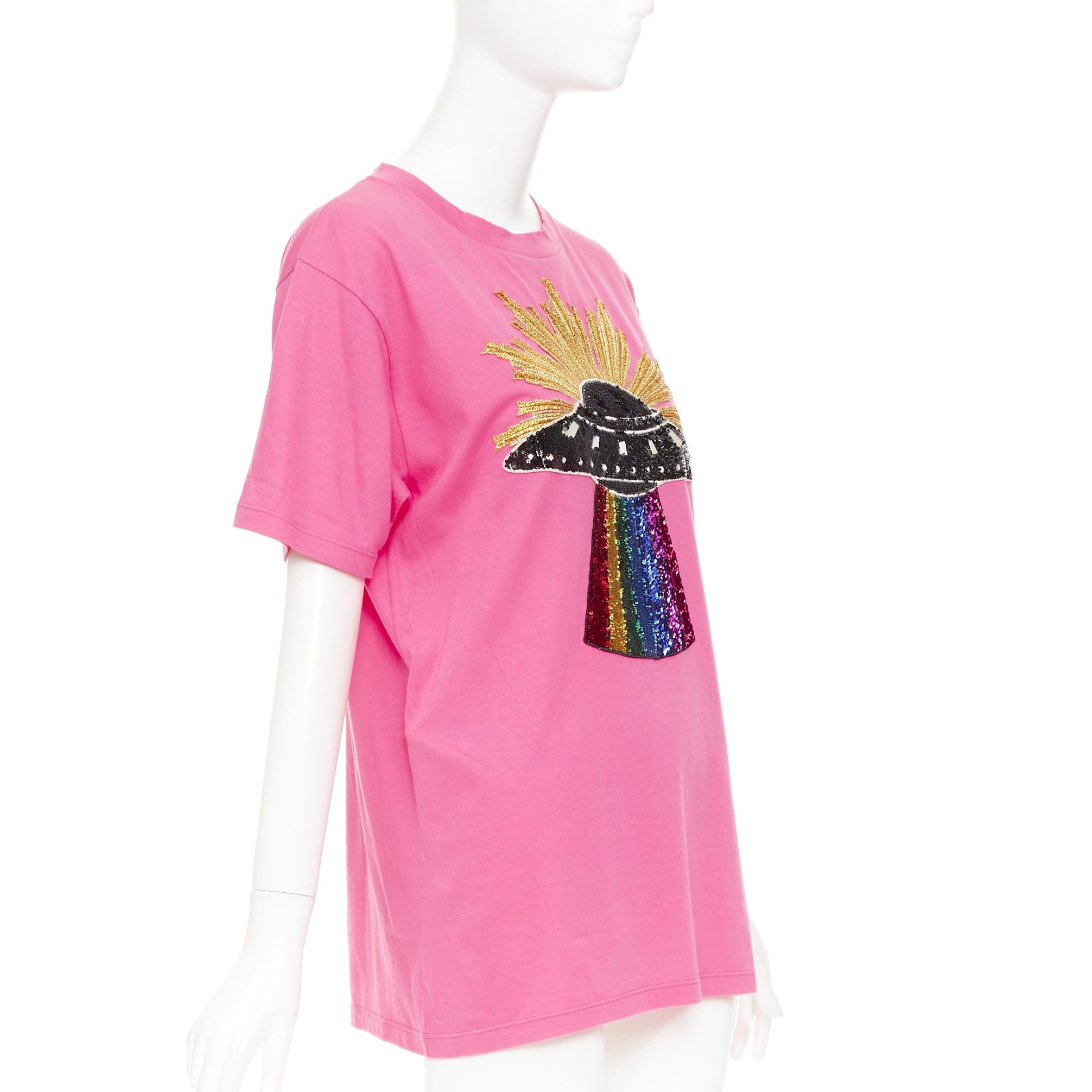 Gucci GUCCI 2017 pink cotton multicolor sequin UFO rainbow graphic t-shirt XS Size XS / US 0-2 / IT 36-38 - 3 Thumbnail
