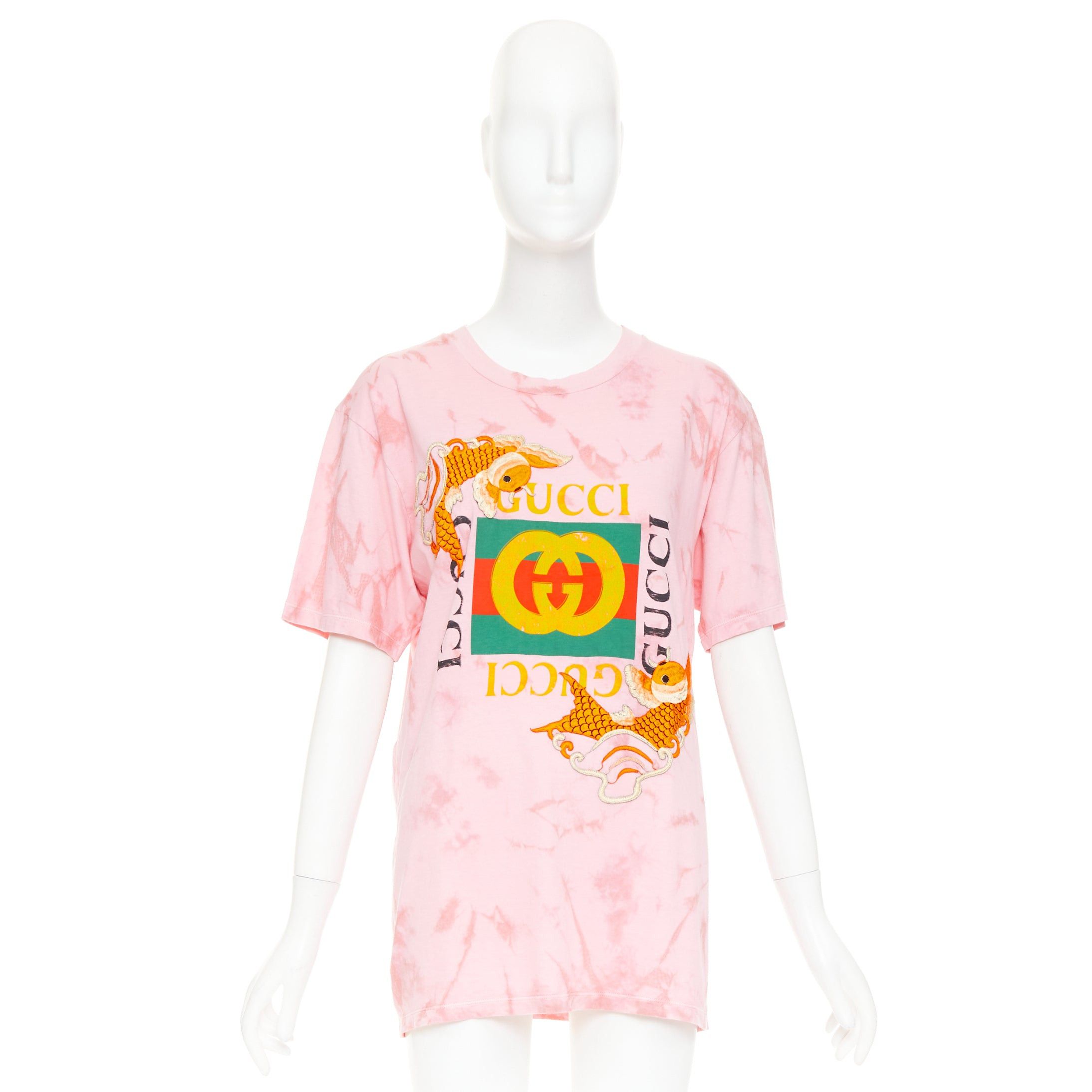 Gucci GUCCI 2017 pink tie-dye embroidered Koi fish oversized t-shirt S Size S / US 4 / IT 40 - 9 Thumbnail