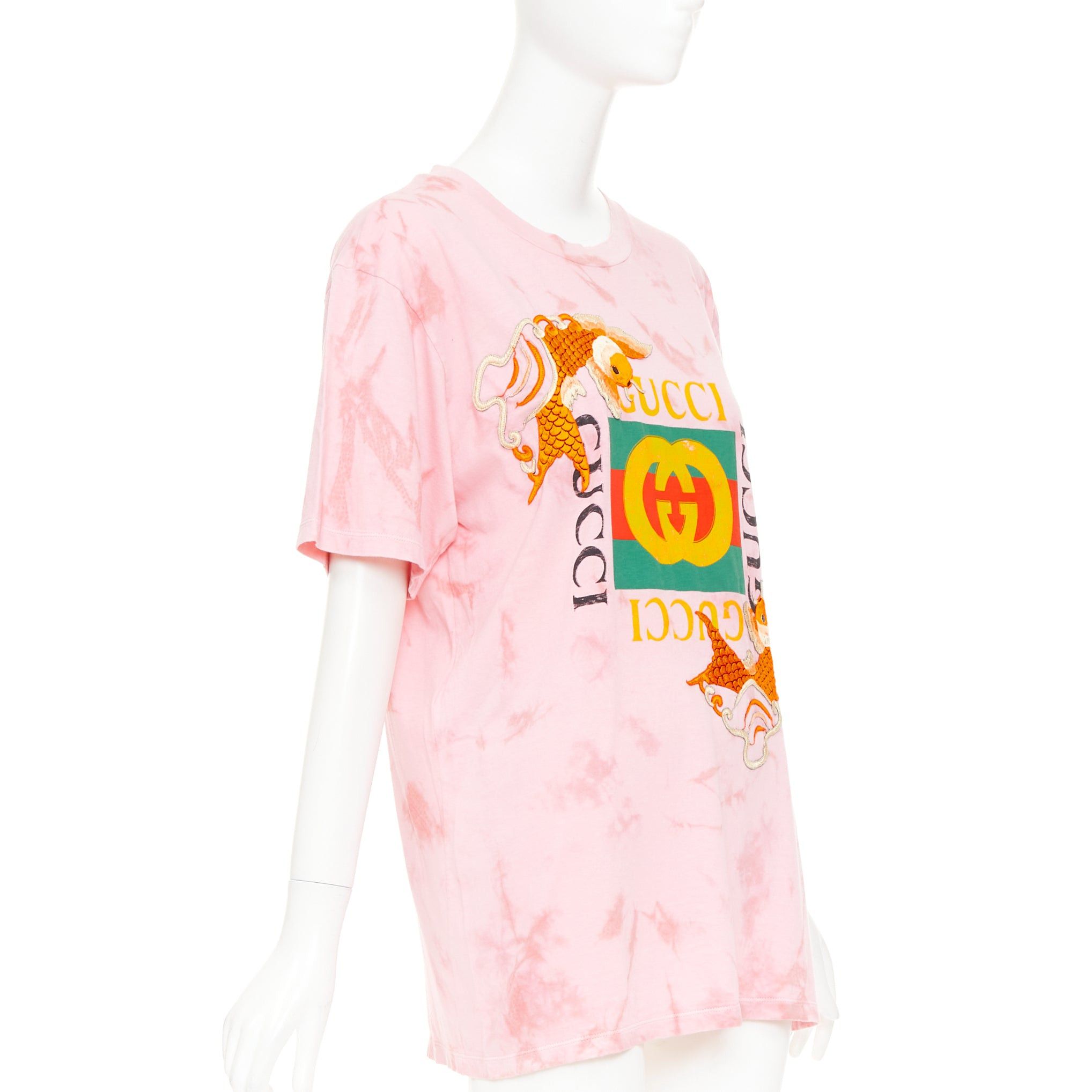 Gucci GUCCI 2017 pink tie-dye embroidered Koi fish oversized t-shirt S Size S / US 4 / IT 40 - 3 Thumbnail