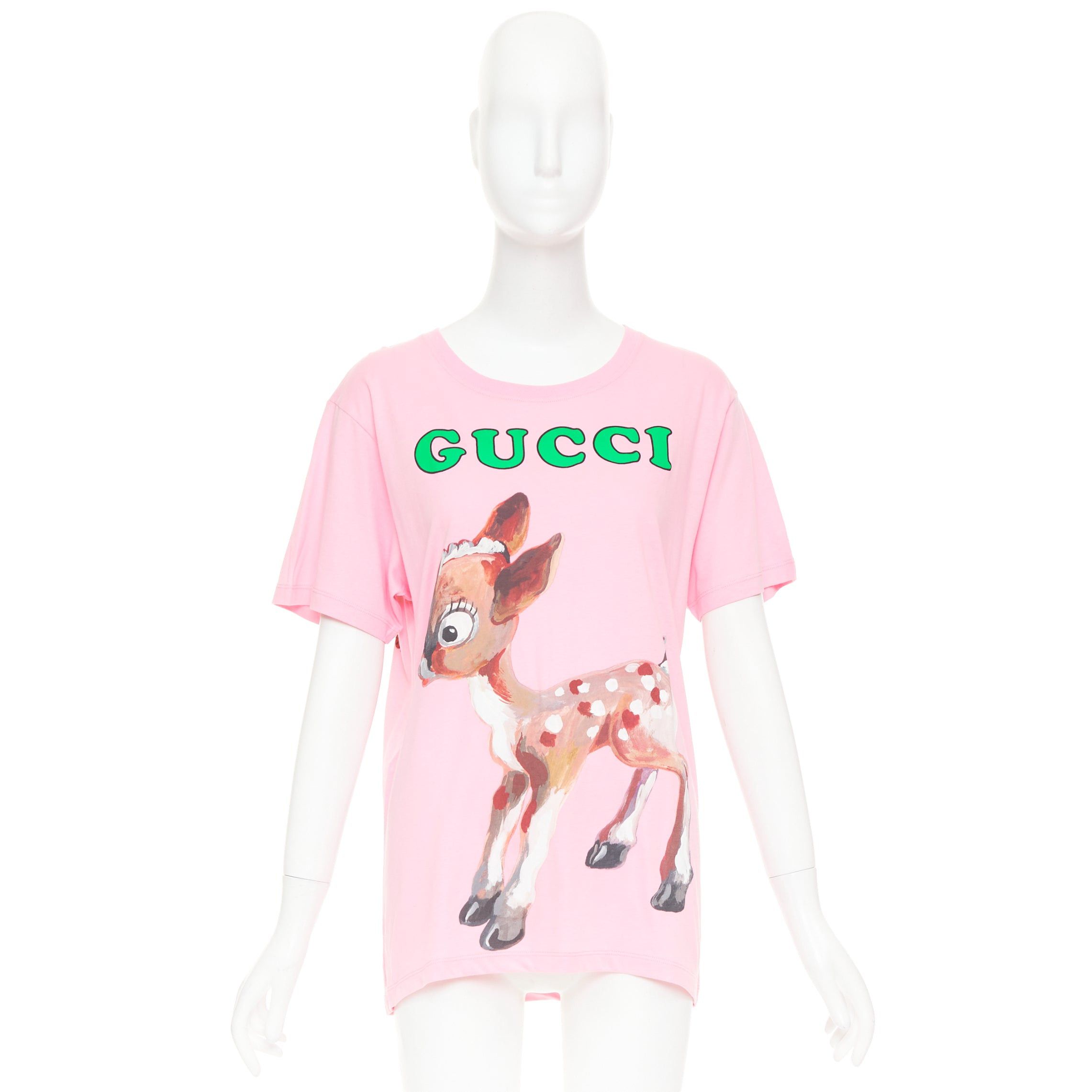 Gucci GUCCI 2018 pink cotton Fawn Bambi heart print green logo t-shirt XS Size XS / US 0-2 / IT 36-38 - 9 Thumbnail