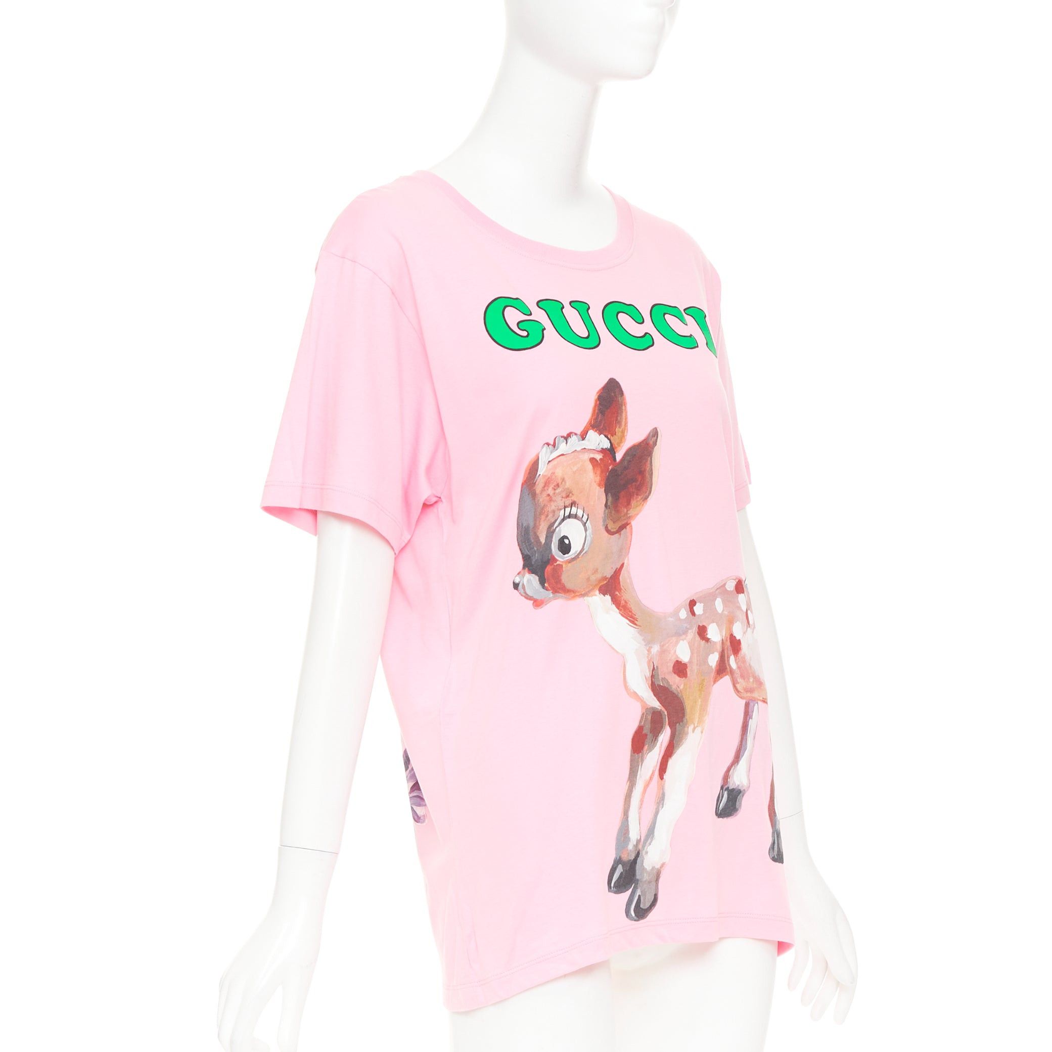 Gucci GUCCI 2018 pink cotton Fawn Bambi heart print green logo t-shirt XS Size XS / US 0-2 / IT 36-38 - 3 Thumbnail