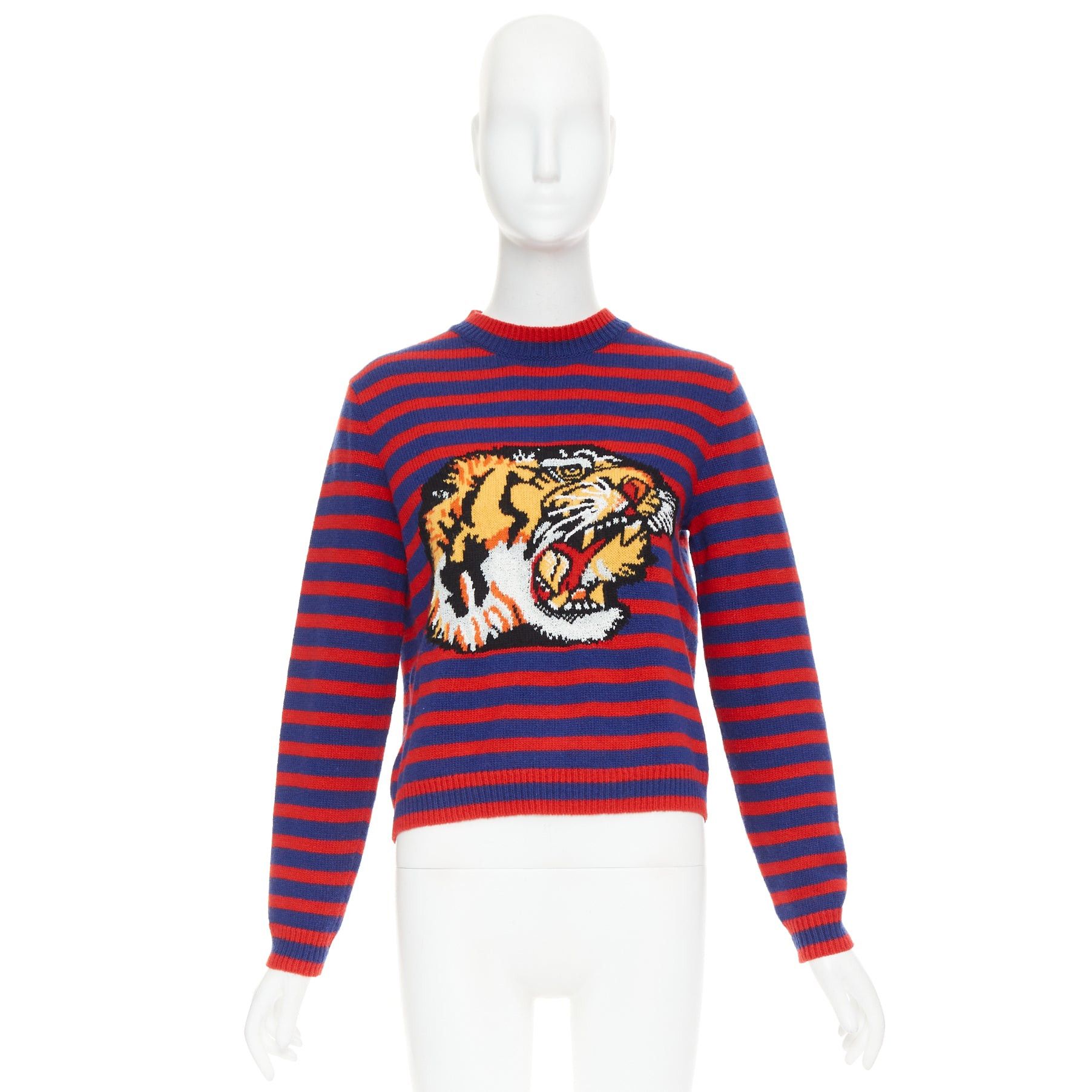 Gucci GUCCI 2017 Runway wool red blue stripe Tiger Head intarsia crew sweater XS Size XS / US 0-2 / IT 36-38 - 9 Thumbnail