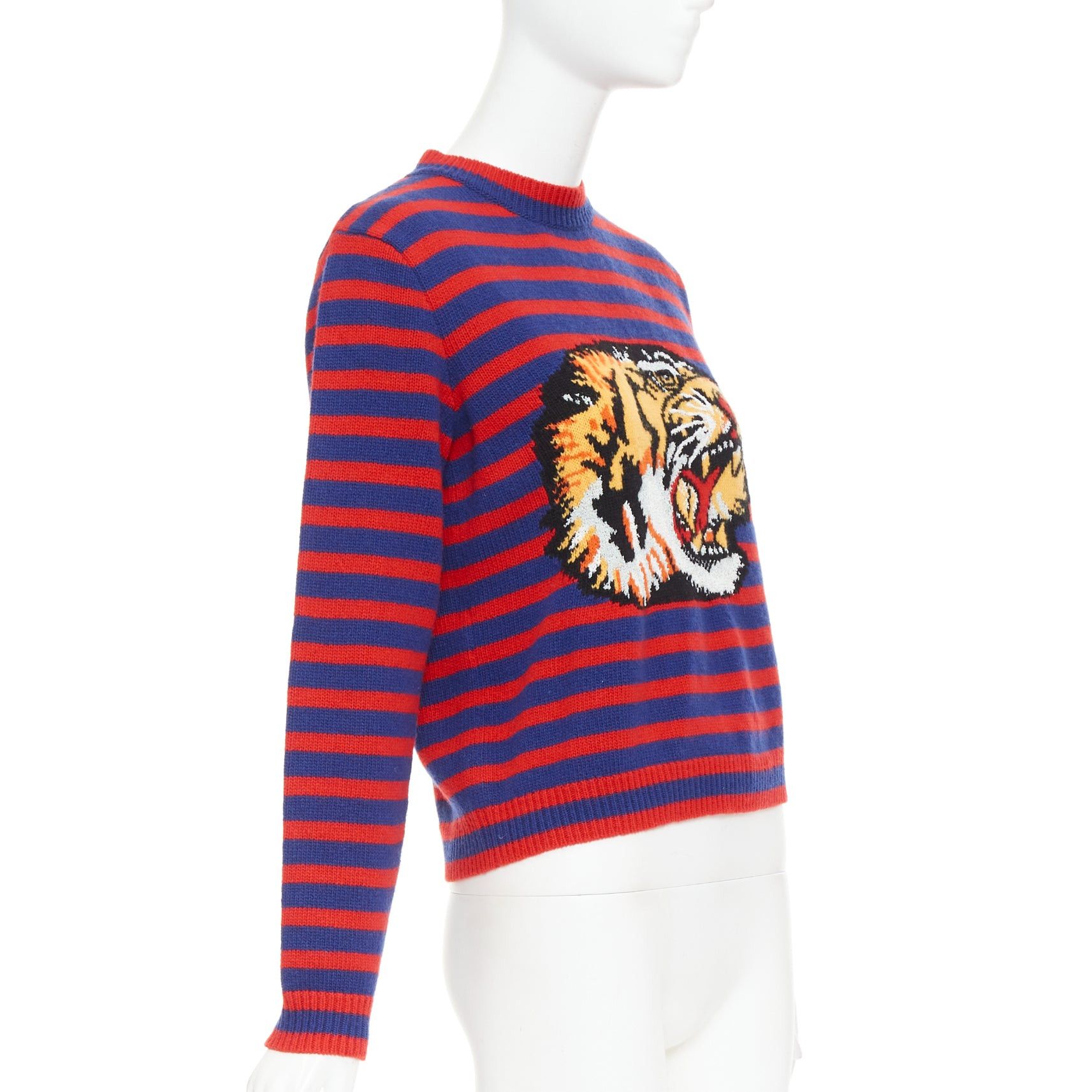 Gucci GUCCI 2017 Runway wool red blue stripe Tiger Head intarsia crew sweater XS Size XS / US 0-2 / IT 36-38 - 3 Thumbnail