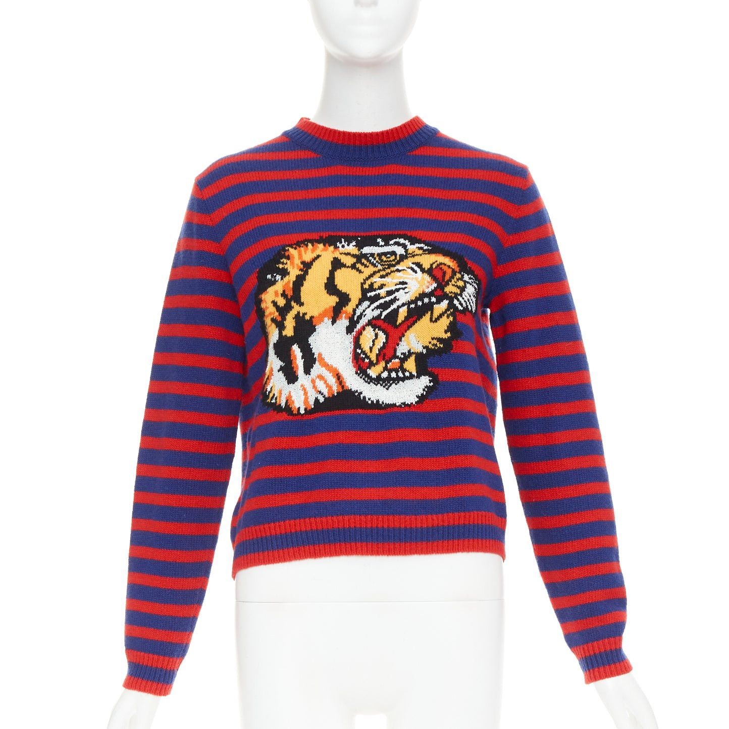 Gucci GUCCI 2017 Runway wool red blue stripe Tiger Head intarsia crew sweater XS Size XS / US 0-2 / IT 36-38 - 2 Thumbnail